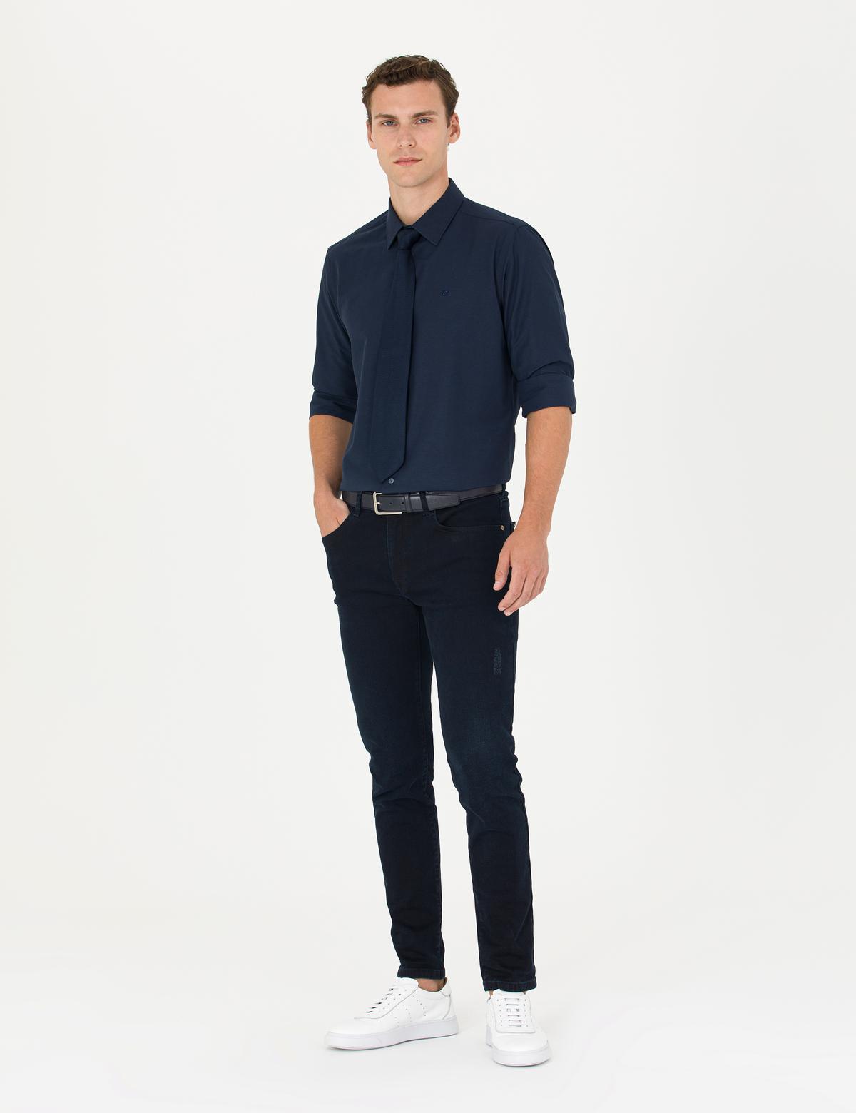 Lacivert Slim Fit Uzun Kollu Basic Gömlek - 50275622014