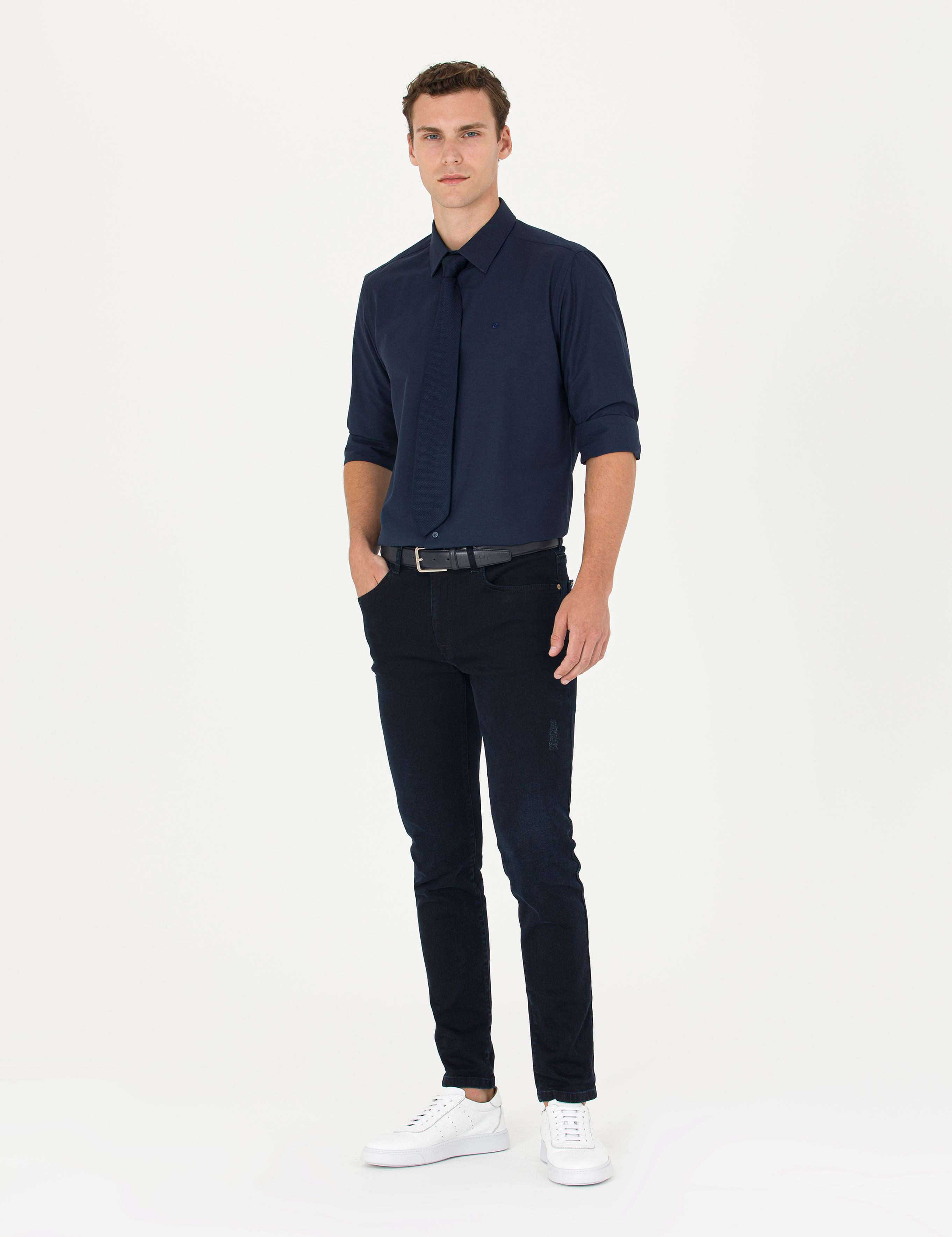 Lacivert Slim Fit Uzun Kollu Basic Gömlek