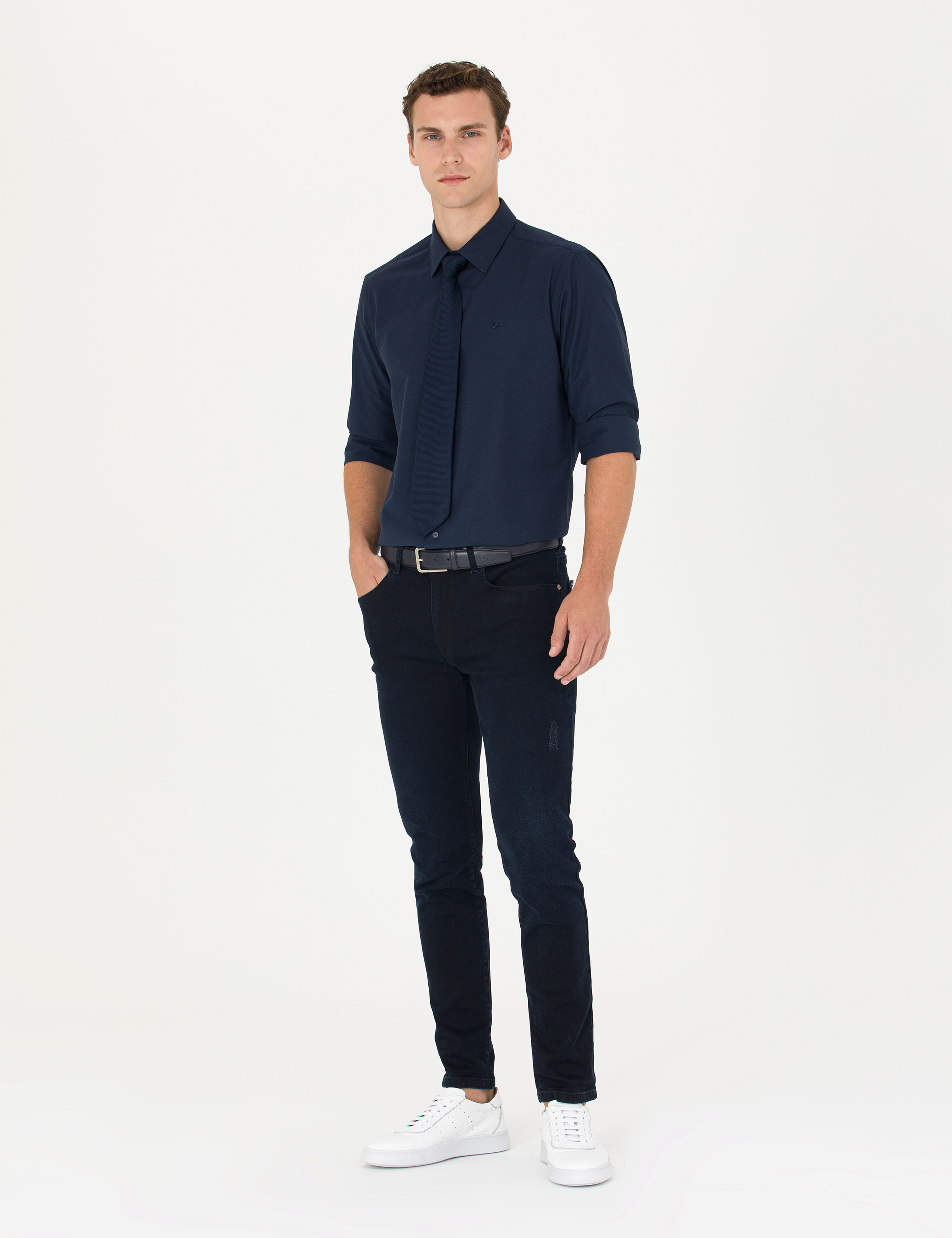 Lacivert Slim Fit Uzun Kollu Basic Gömlek