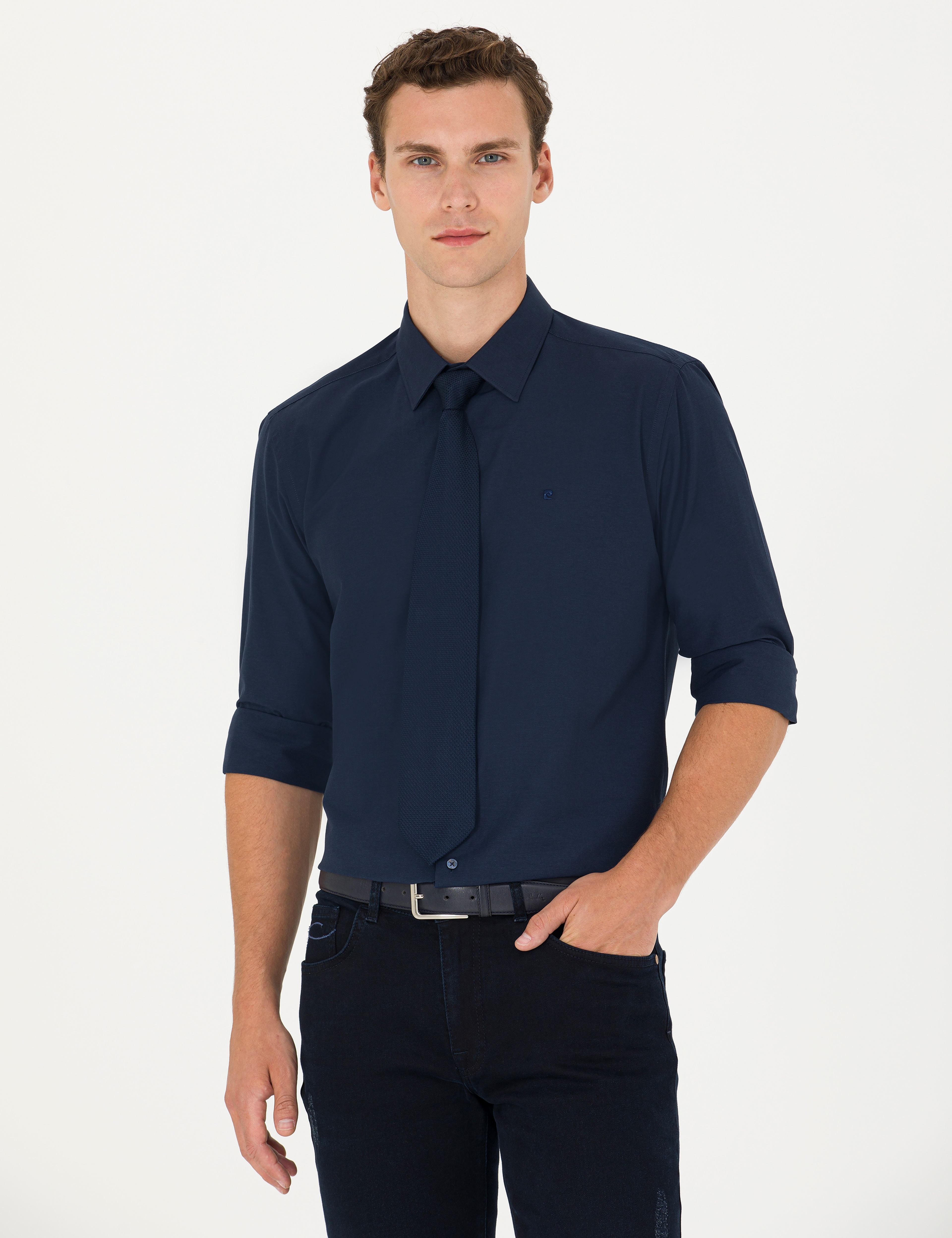 Lacivert Slim Fit Uzun Kollu Basic Gömlek - Image 1