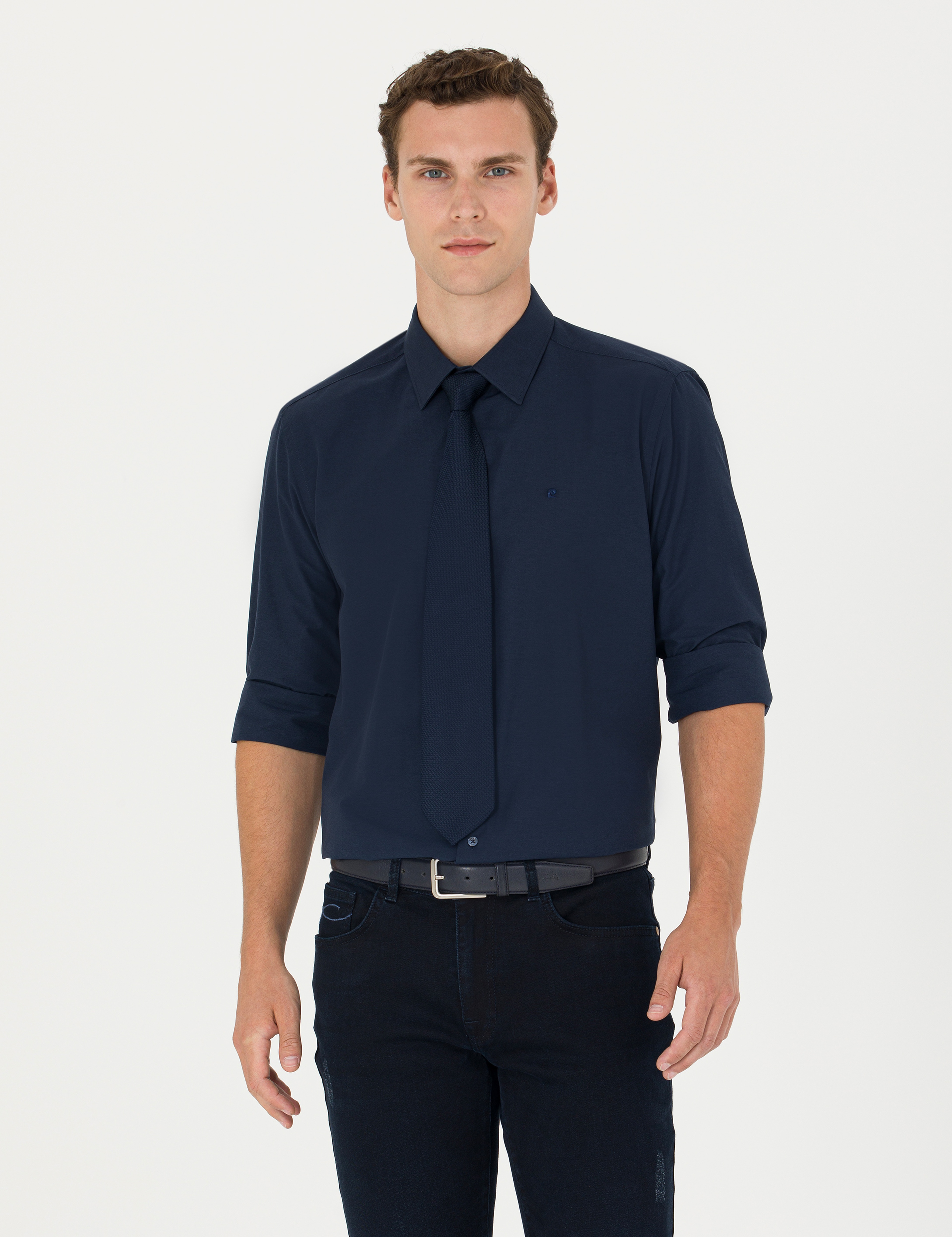 Lacivert Slim Fit Uzun Kollu Basic Gömlek - Image 3