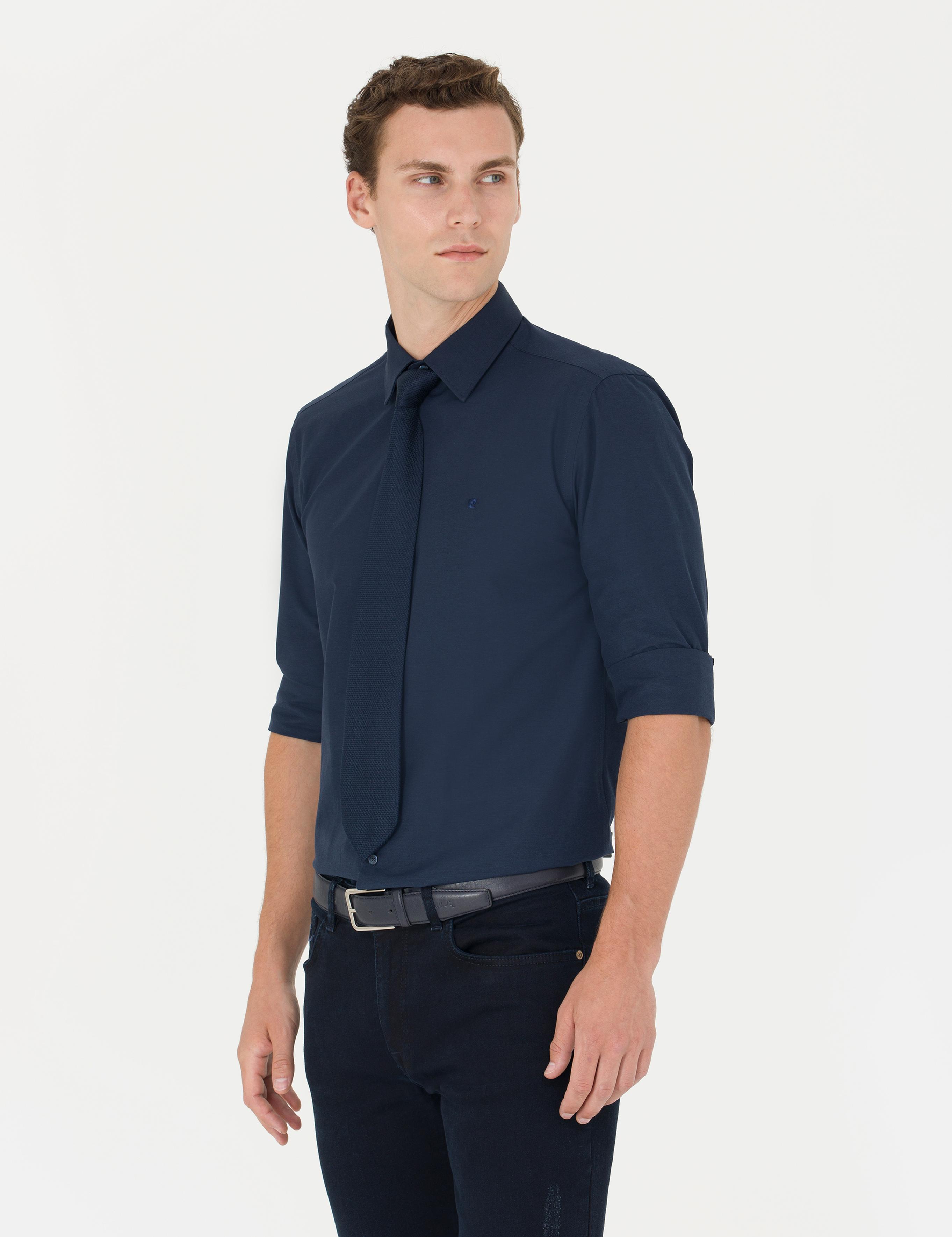 Lacivert Slim Fit Uzun Kollu Klasik Gömlek