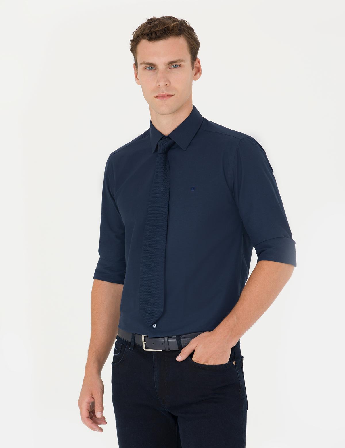 Lacivert Slim Fit Uzun Kollu Klasik Gömlek