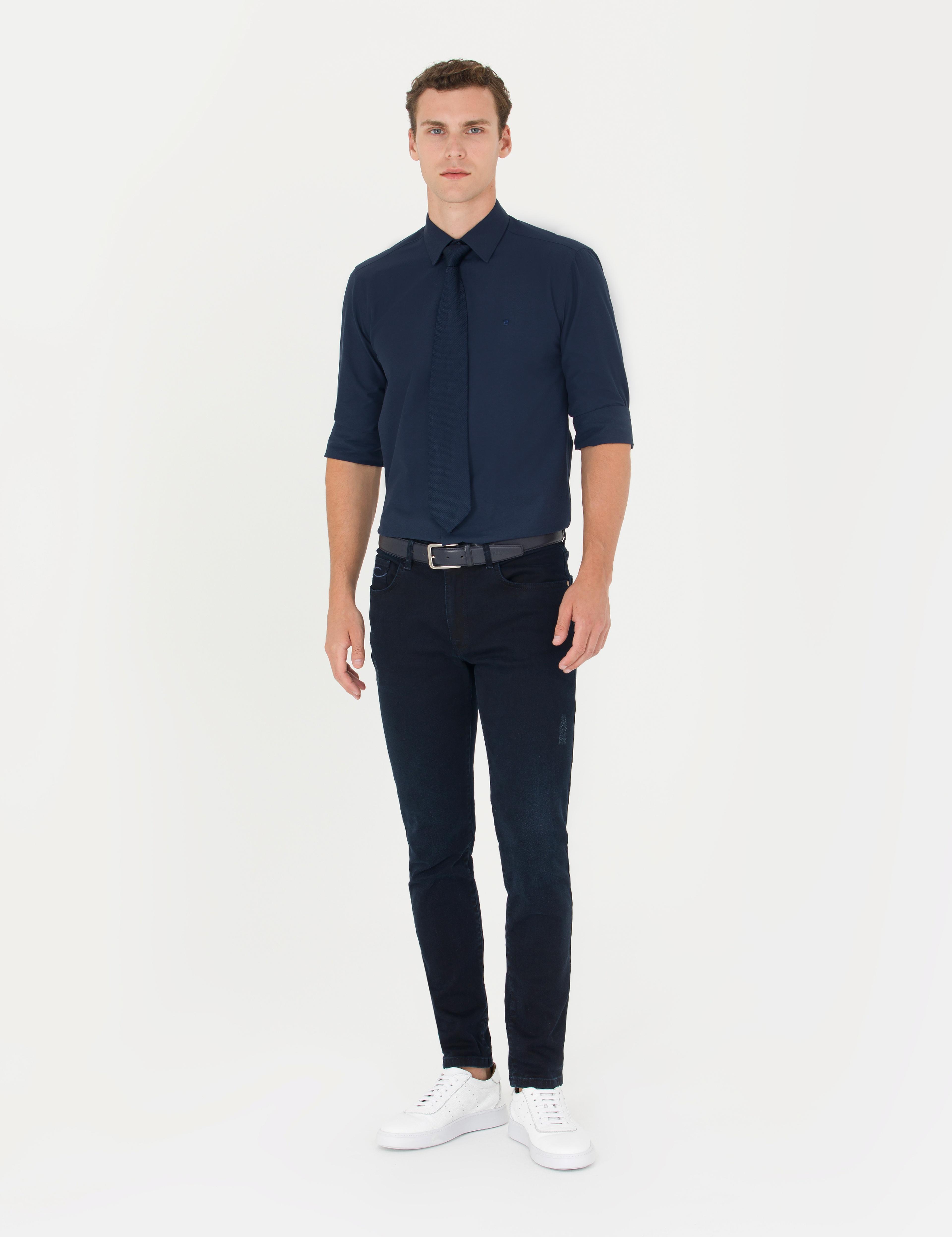 Lacivert Slim Fit Uzun Kollu Klasik Gömlek - Image 4