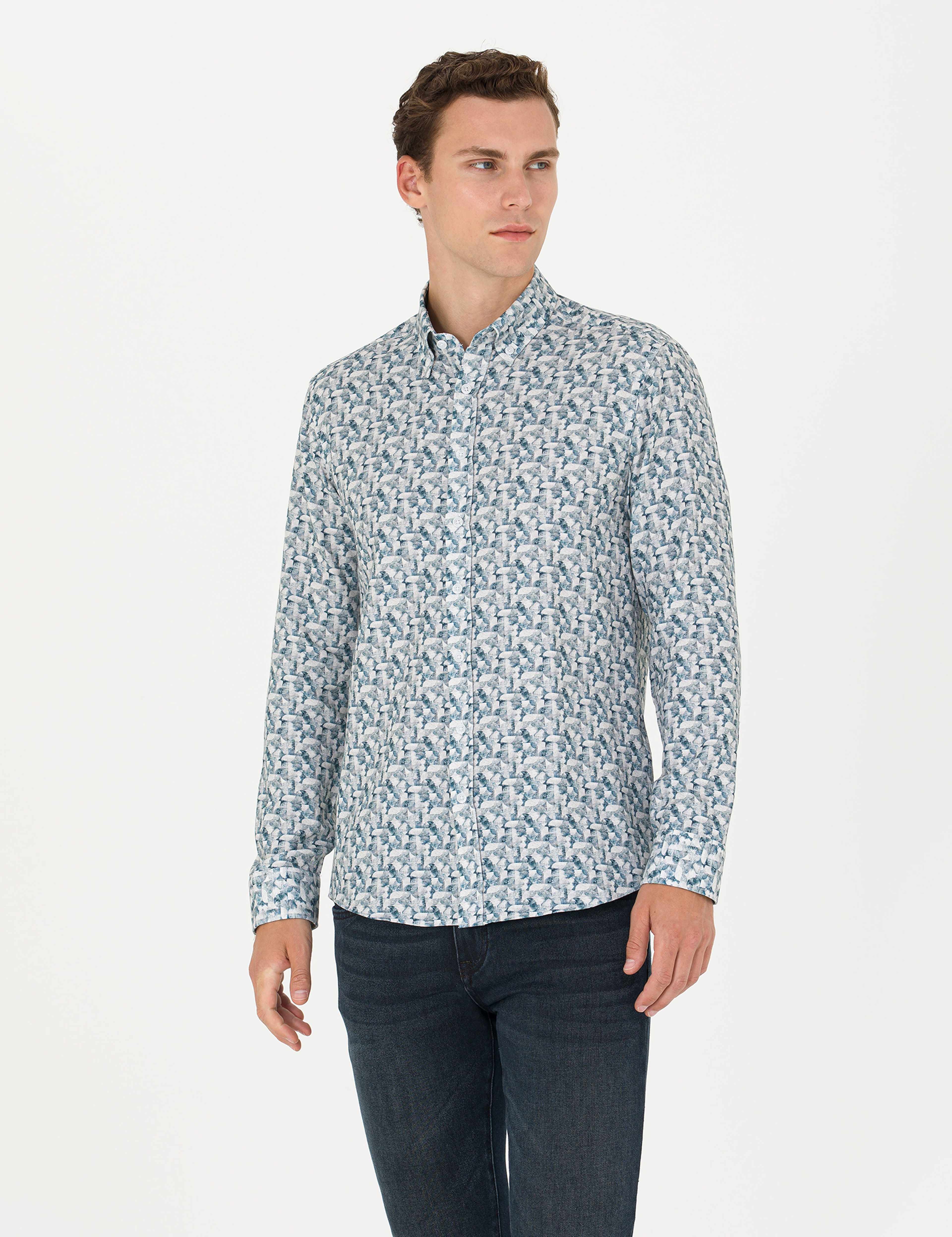 Petrol Slim Fit Uzun Kollu Gömlek - Image 1