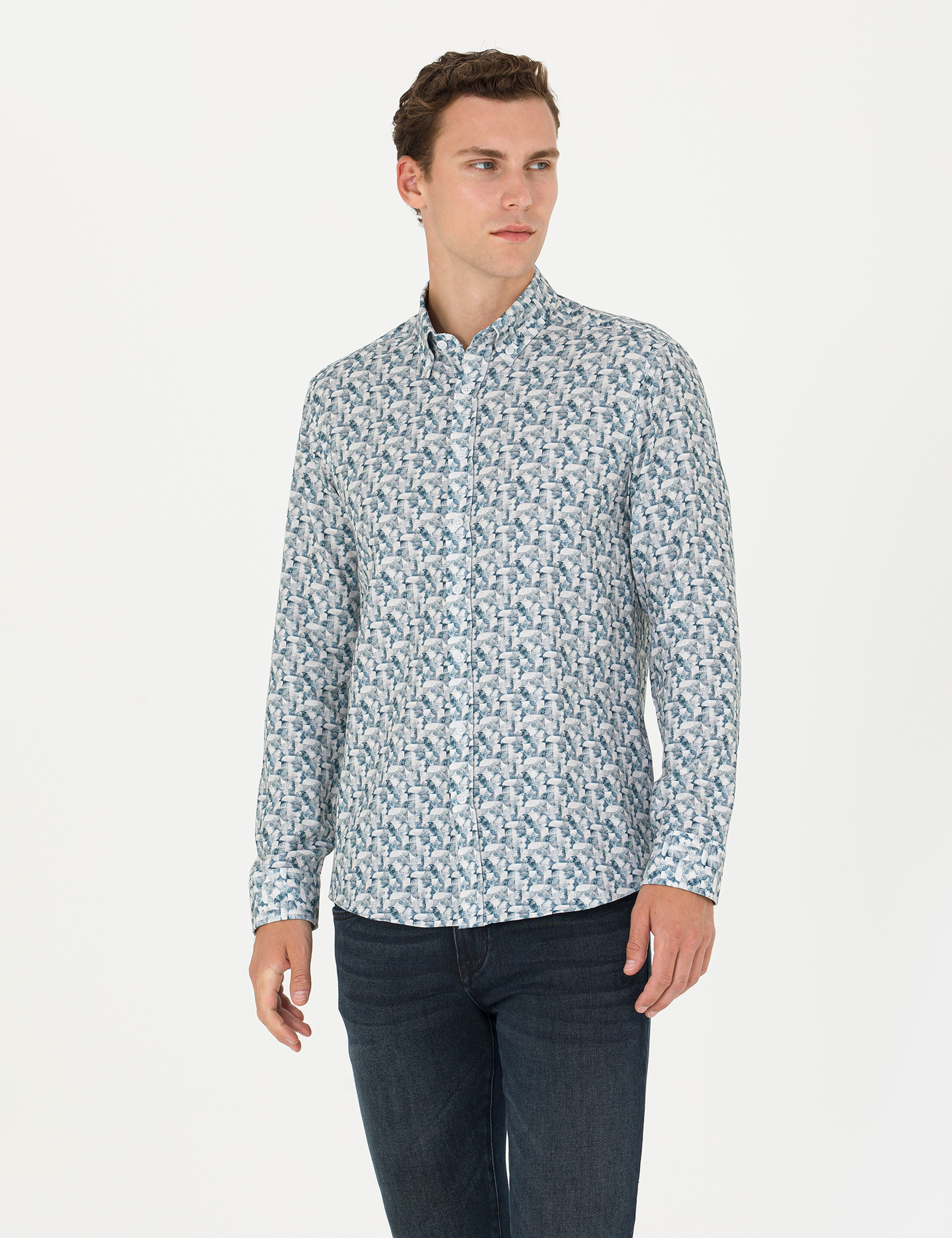 Petrol Slim Fit Uzun Kollu Gömlek