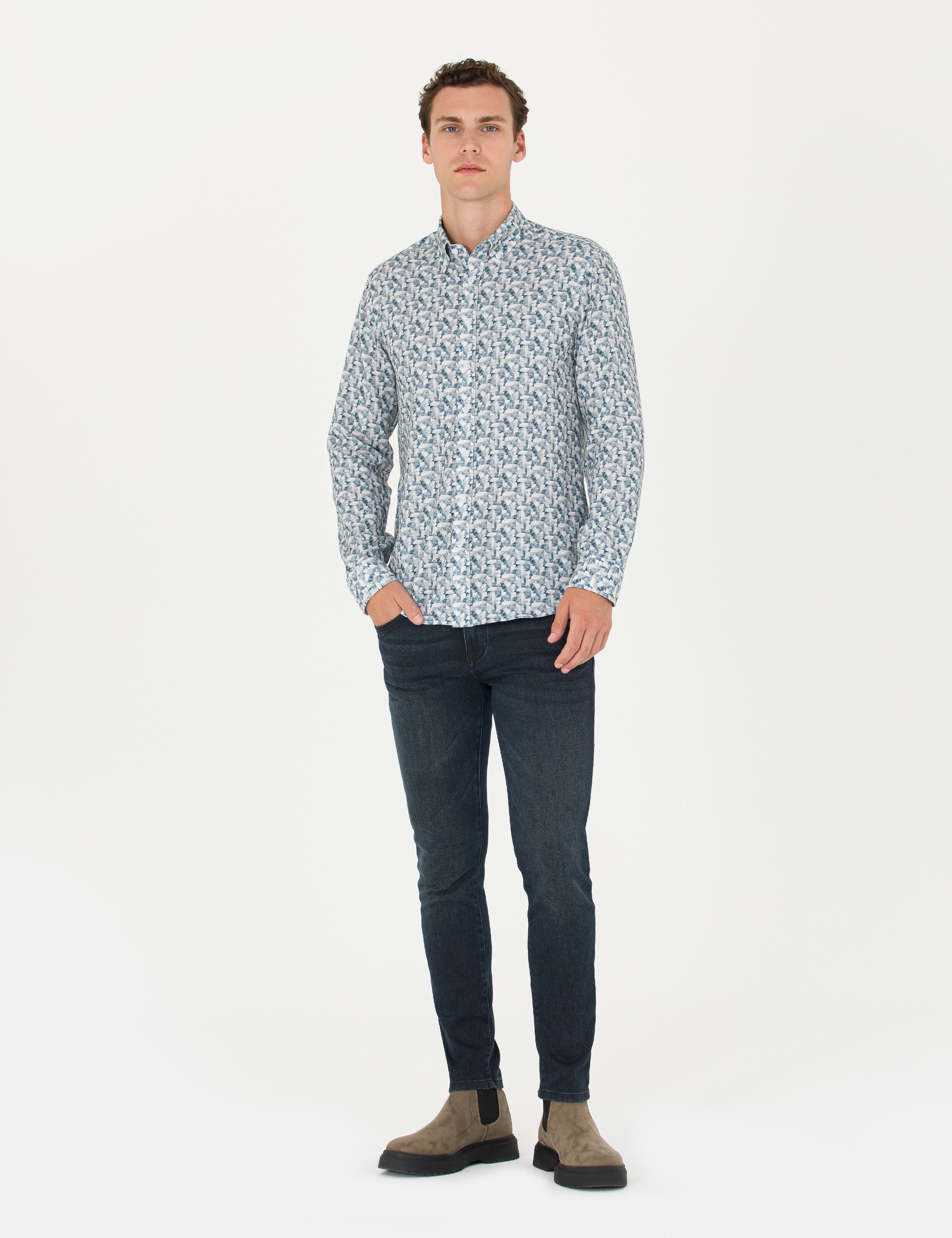 Petrol Slim Fit Uzun Kollu Gömlek - Image 4