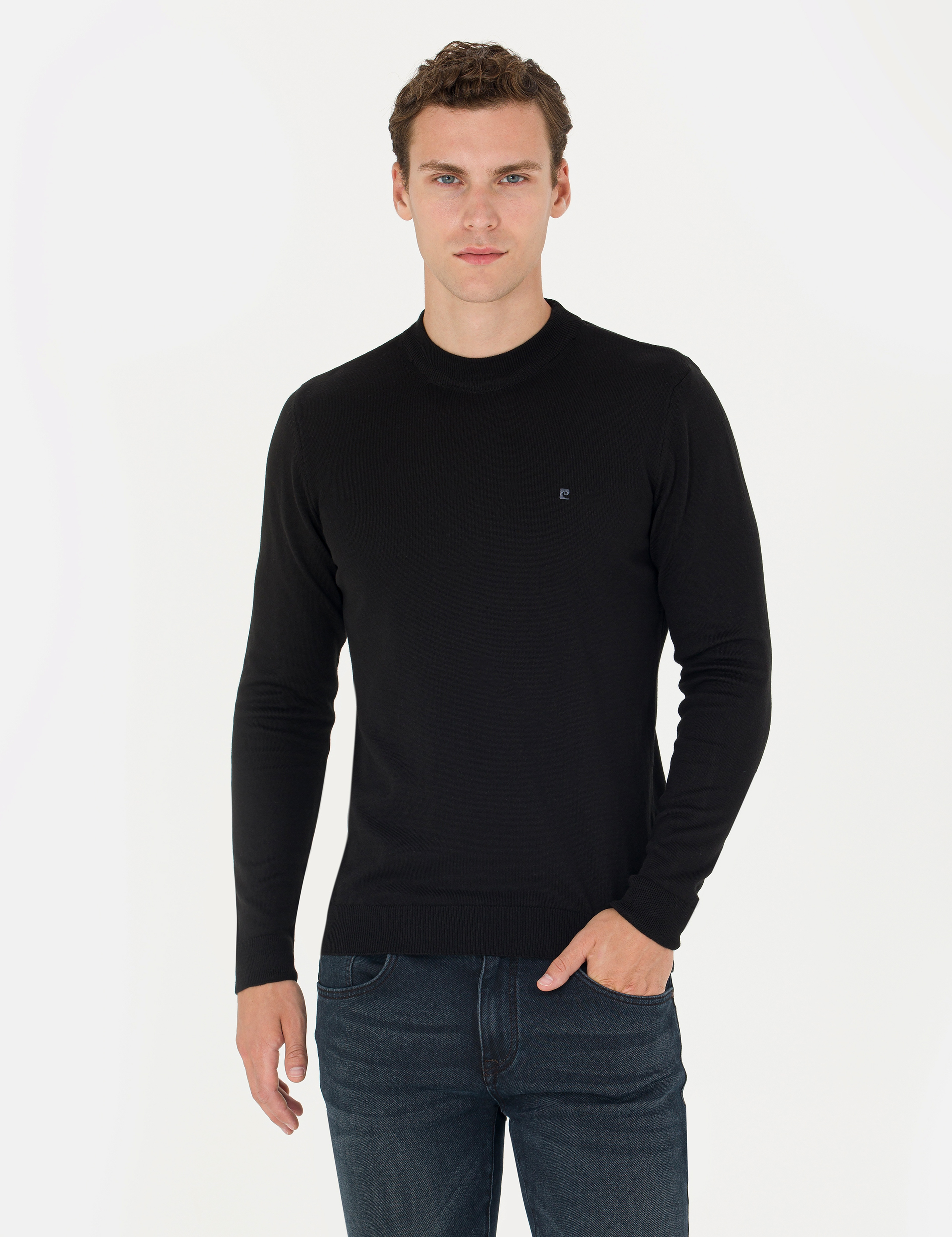 Siyah Slim Fit Yarım Balıkçı Yaka Basic Triko Kazak - Image 1