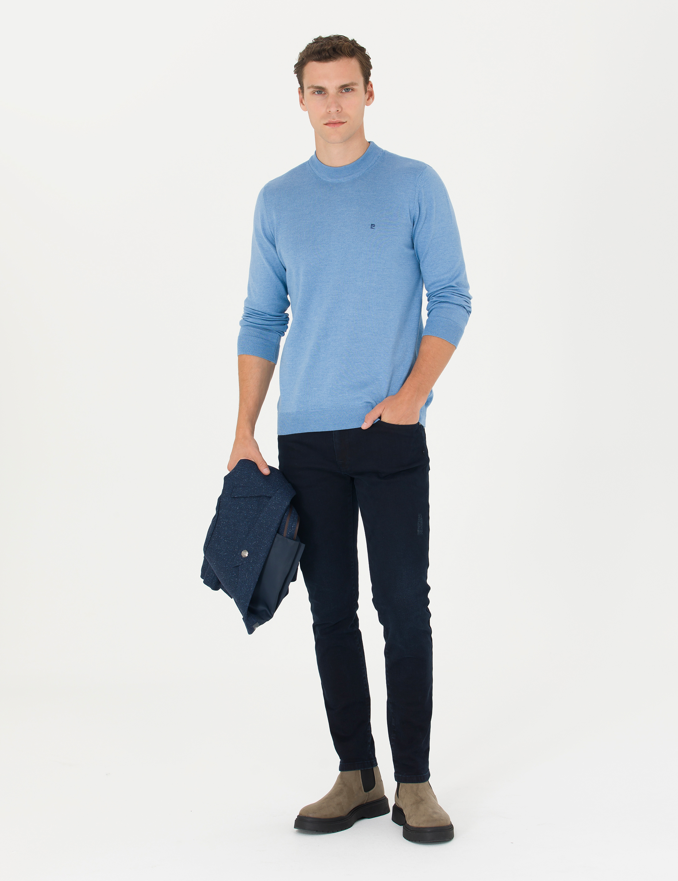 Pierre Cardin Mavi Melanj Slim Fit Çeyrek Yaka Basic Triko Kazak görsel 4
