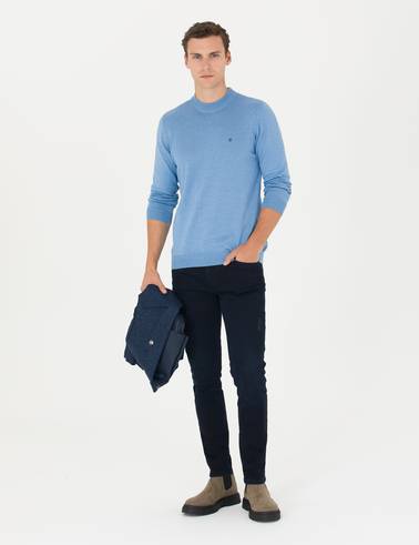 Mavi Melanj Slim Fit Çeyrek Yaka Basic Triko Kazak