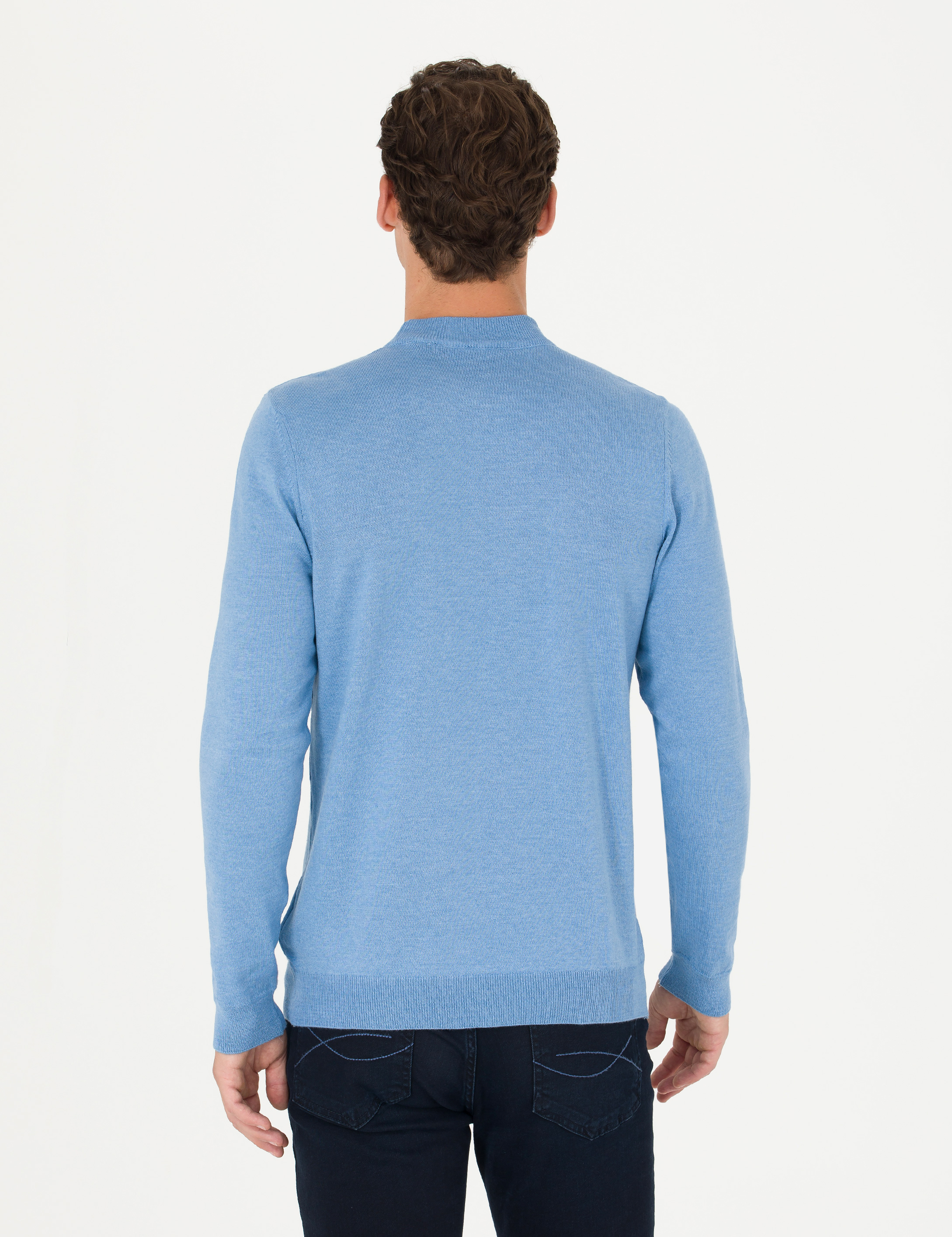 Pierre Cardin Mavi Melanj Slim Fit Çeyrek Yaka Basic Triko Kazak görsel 5