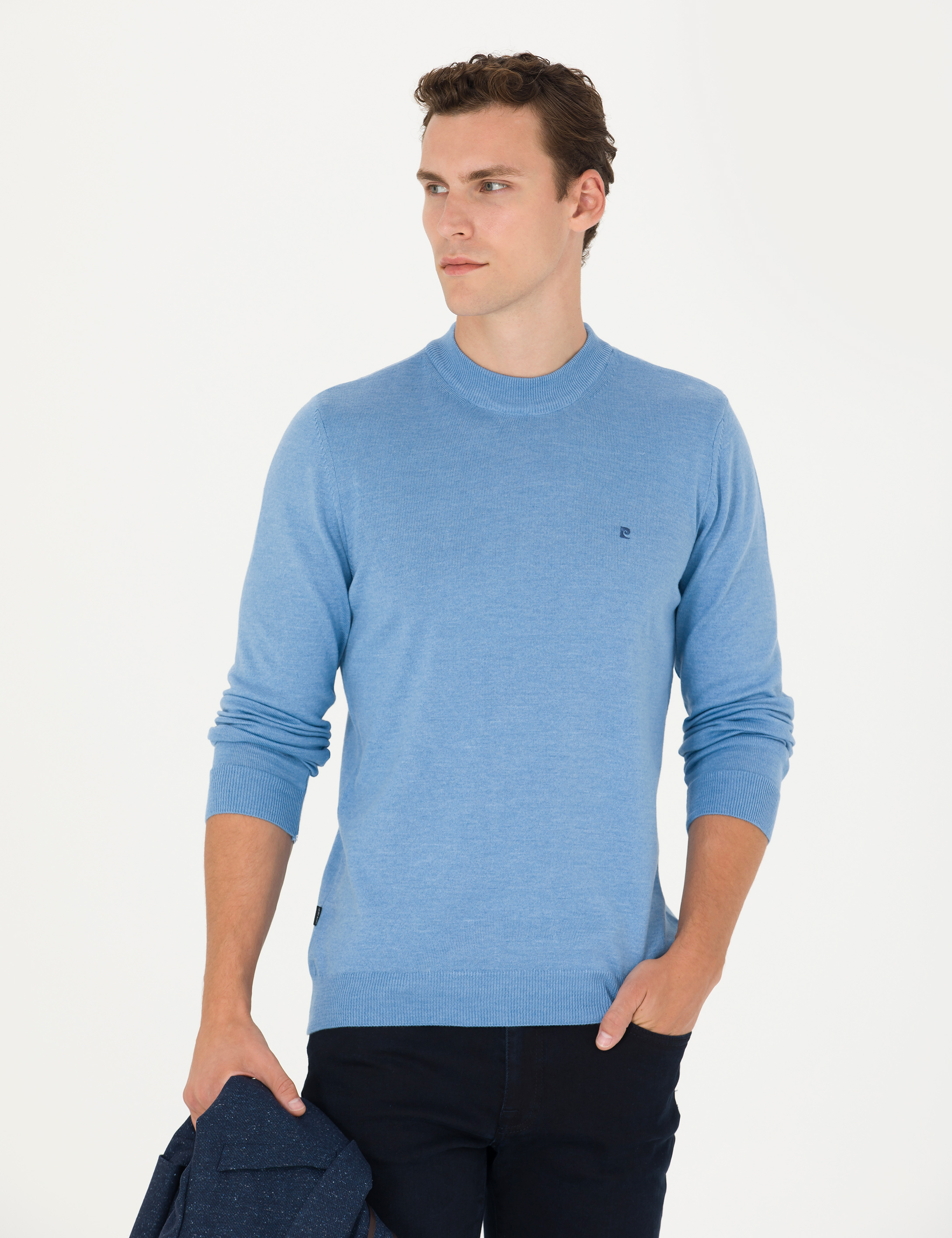 Pierre Cardin Mavi Melanj Slim Fit Çeyrek Yaka Basic Triko Kazak görsel 3