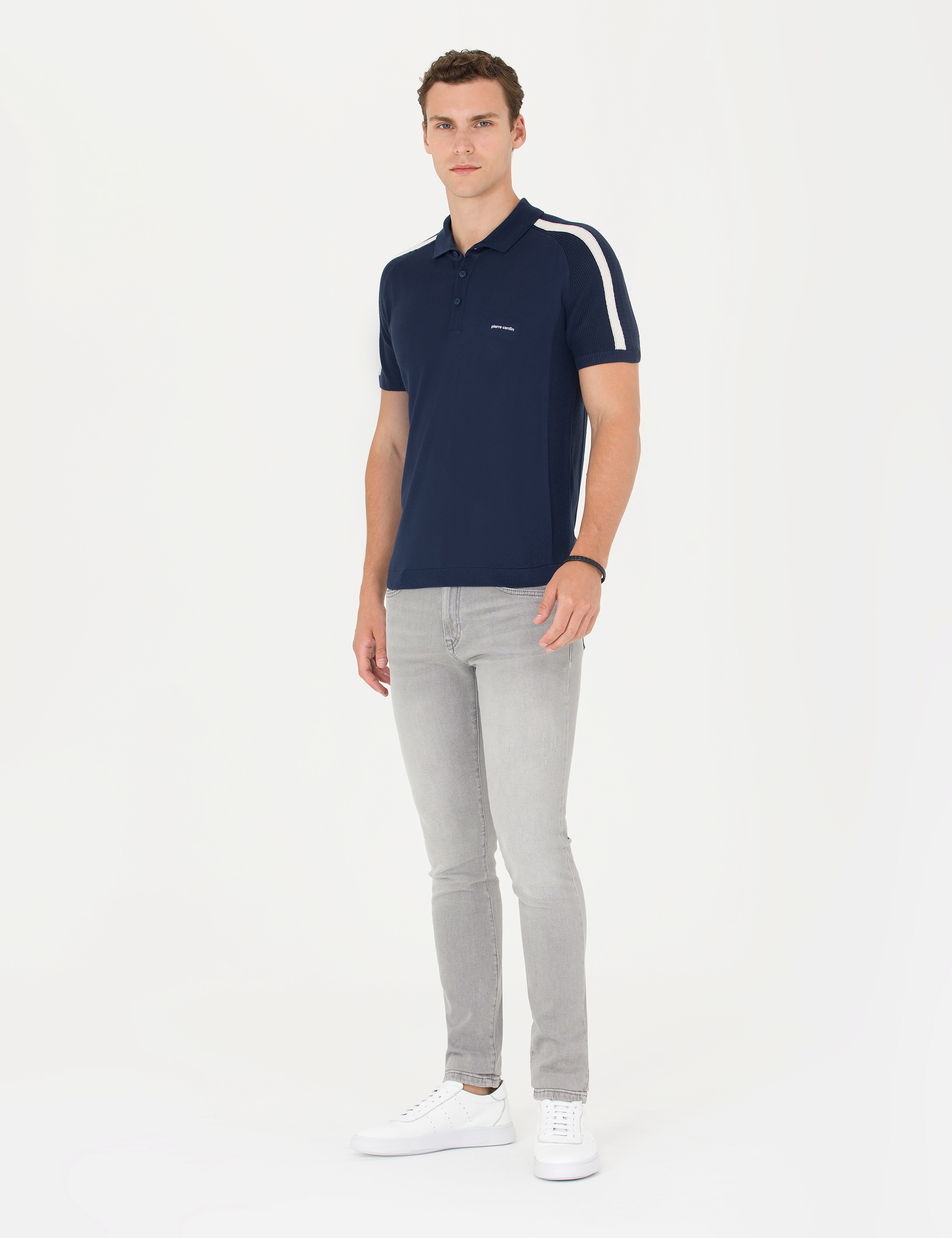 Lacivert Slim Fit Düğmeli Polo Yaka Triko Tişört - Image 4