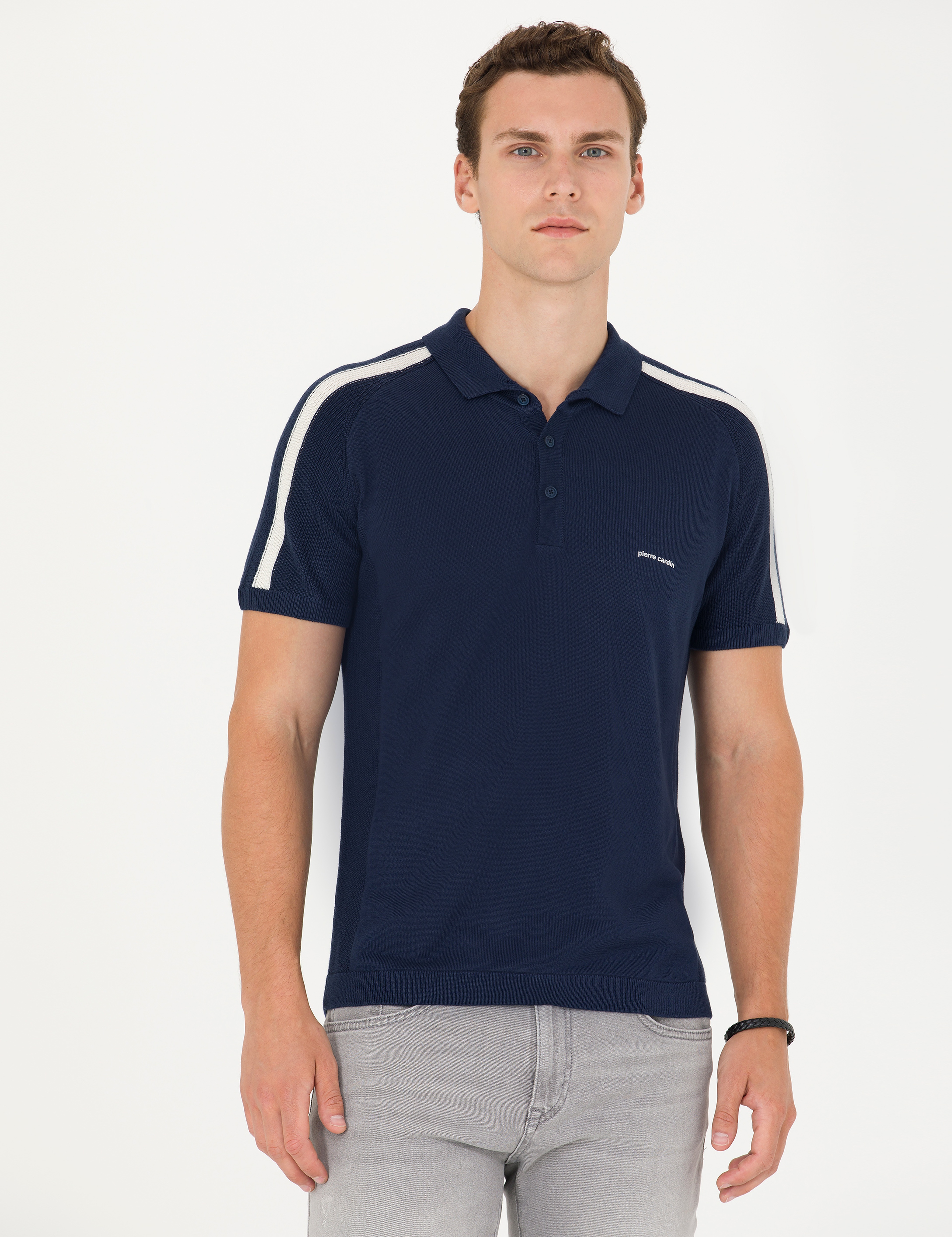 Lacivert Slim Fit Düğmeli Polo Yaka Triko Tişört - Image 3