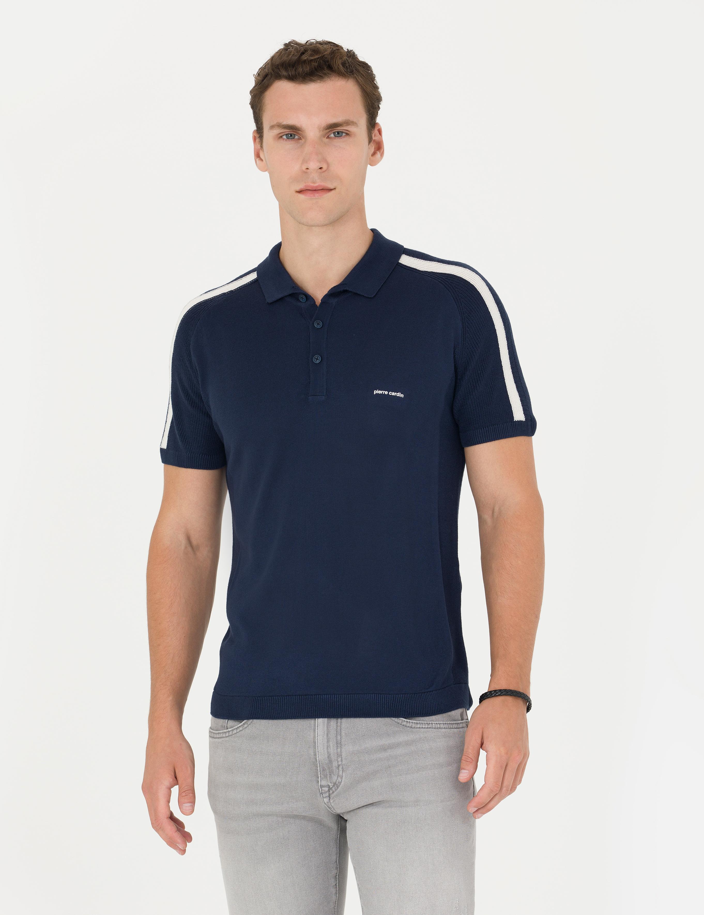 Lacivert Slim Fit Düğmeli Polo Yaka Triko Tişört