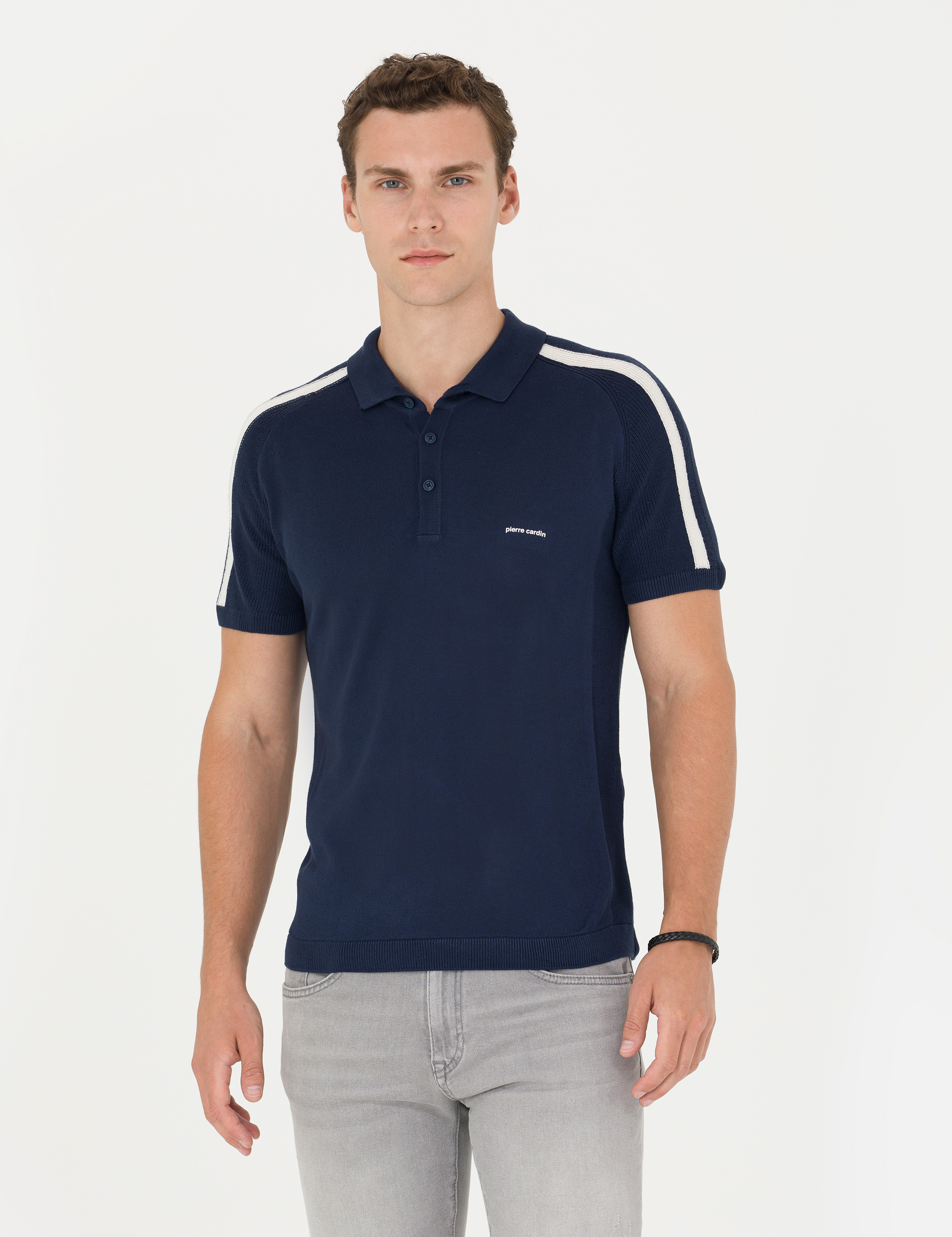 Lacivert Slim Fit Düğmeli Polo Yaka Triko Tişört - Image 1