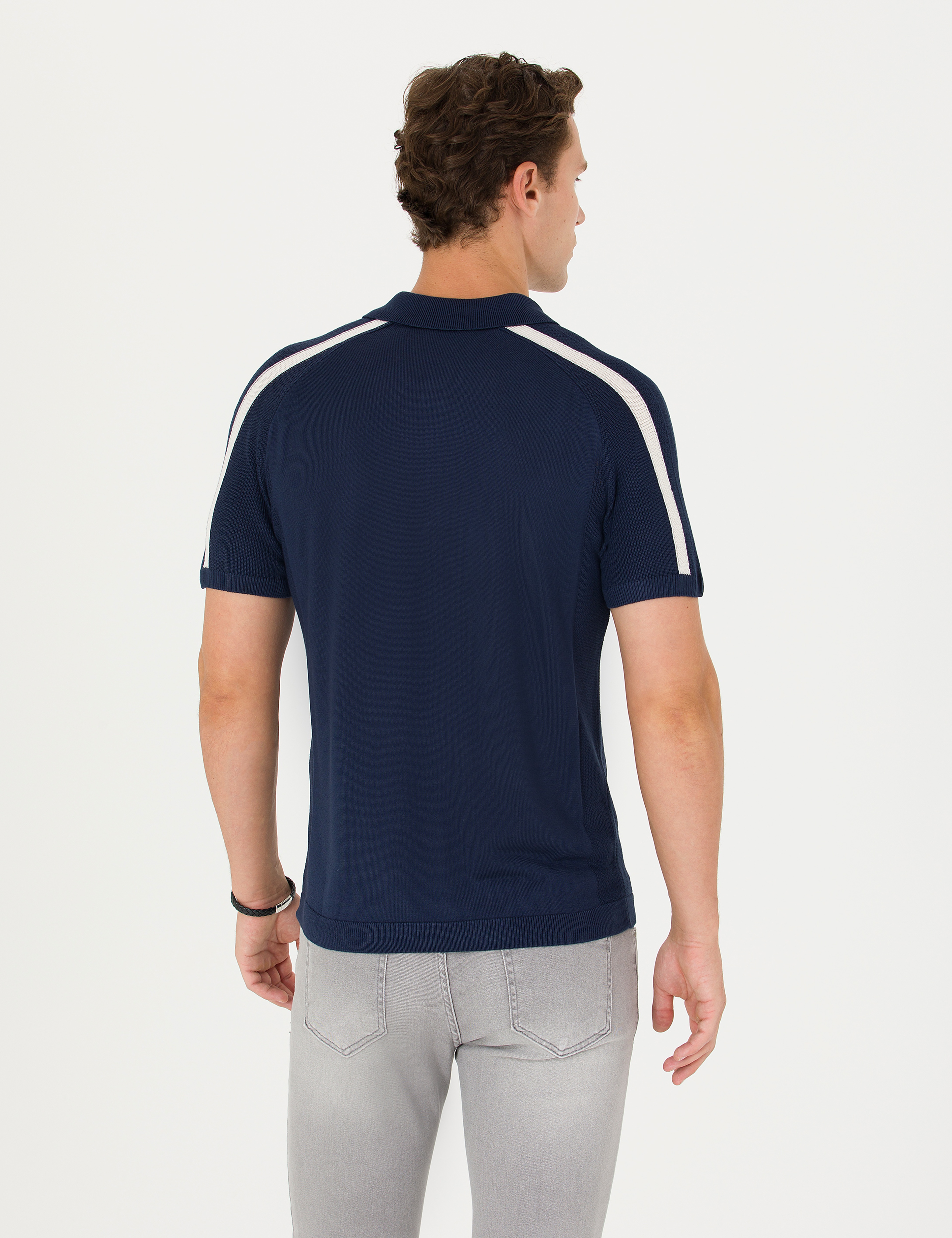 Lacivert Slim Fit Düğmeli Polo Yaka Triko Tişört - Image 5