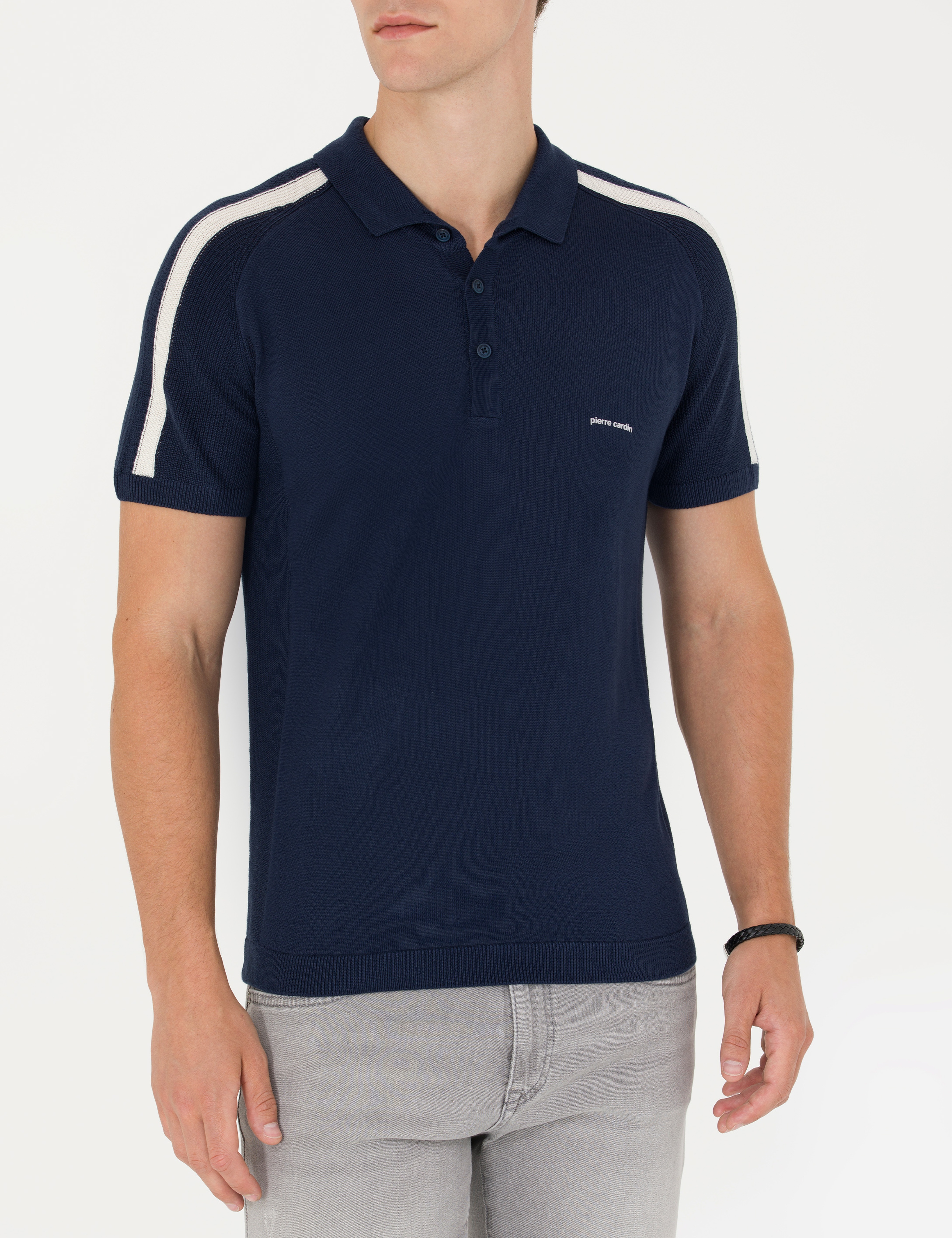 Lacivert Slim Fit Düğmeli Polo Yaka Triko Tişört