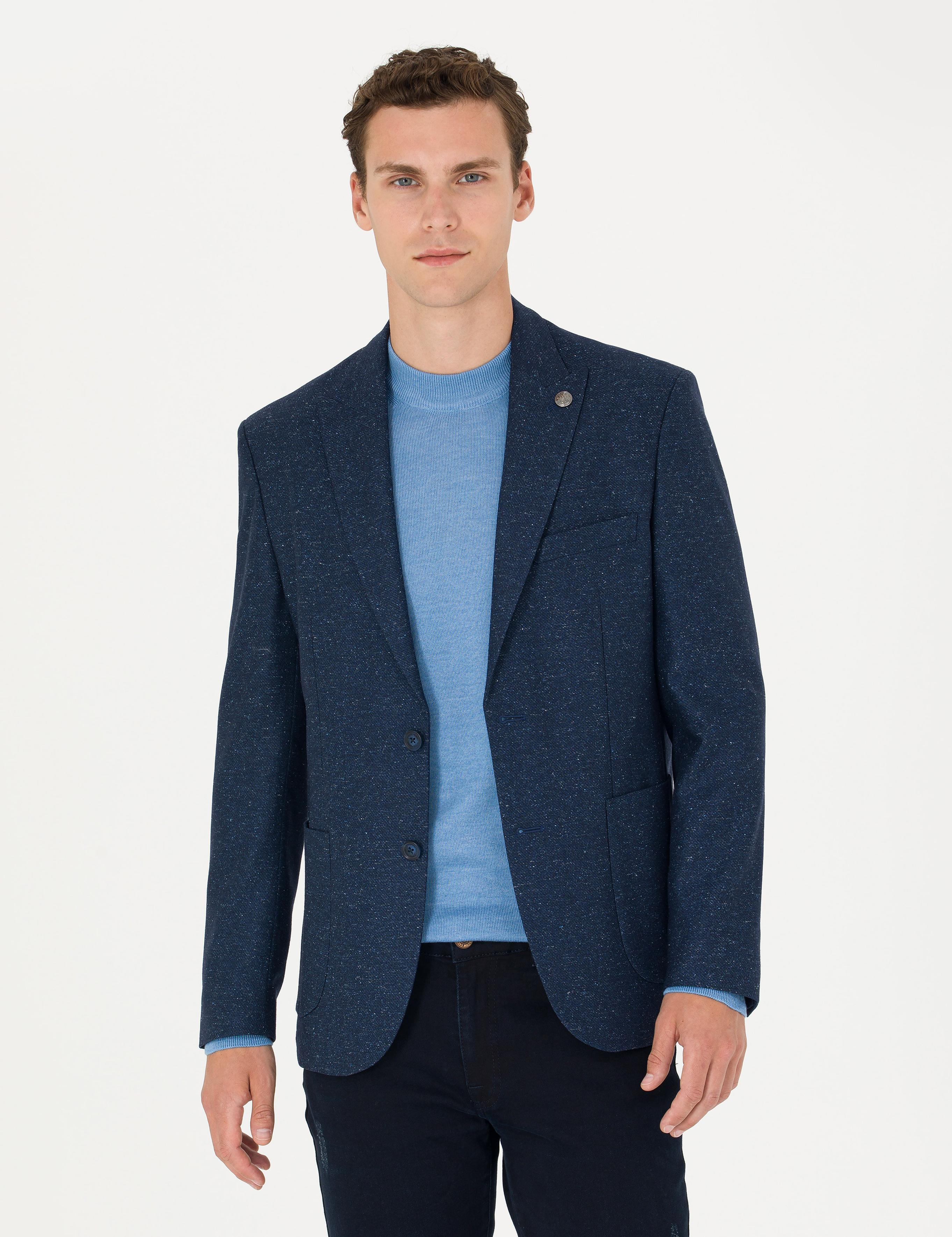 Açık Lacivert Yün Karışımlı Slim Fit Ceket