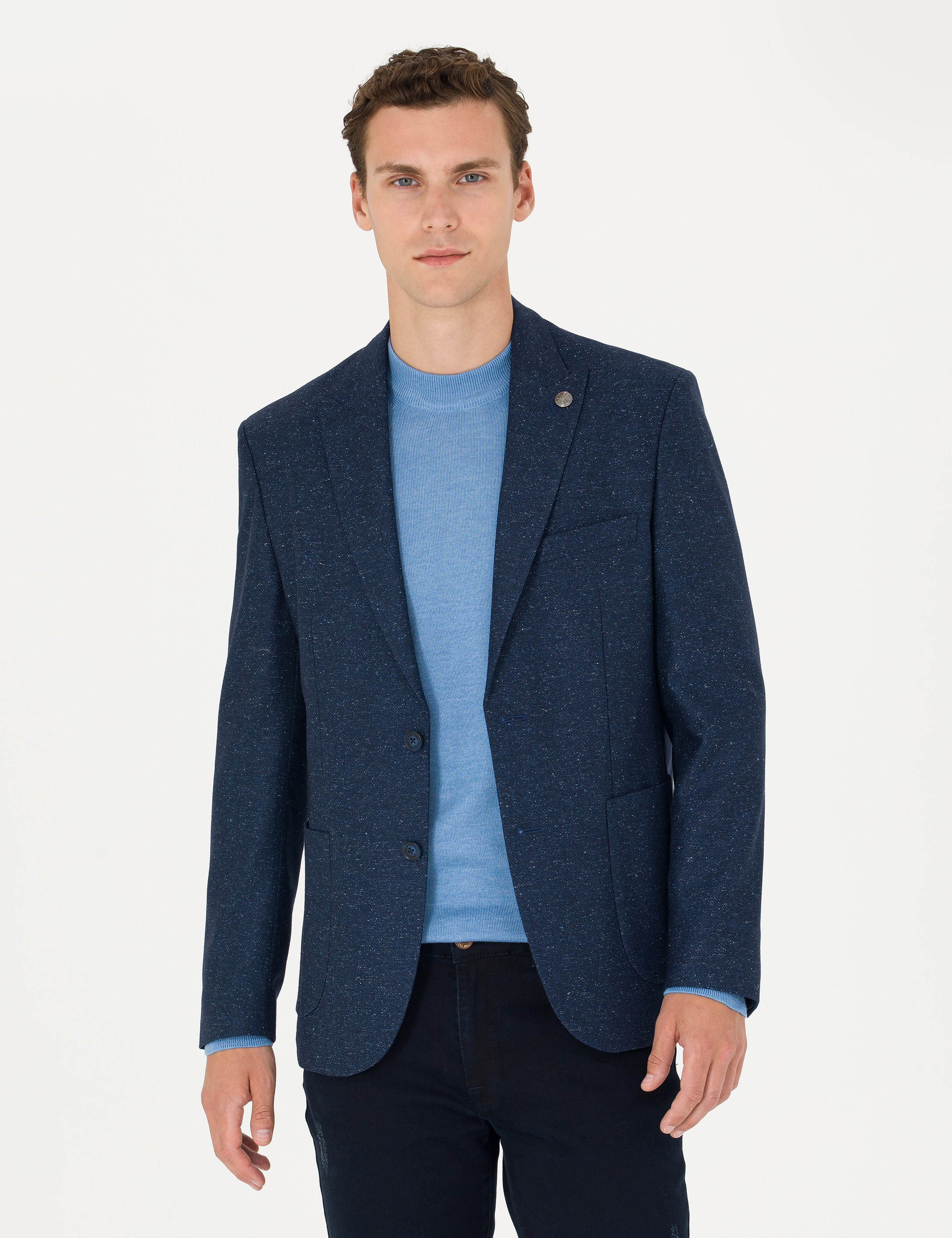 Açık Lacivert Yün Karışımlı Slim Fit Ceket