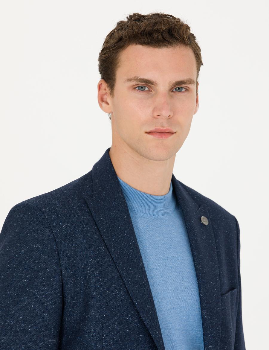 Açık Lacivert Yün Karışımlı Slim Fit Ceket