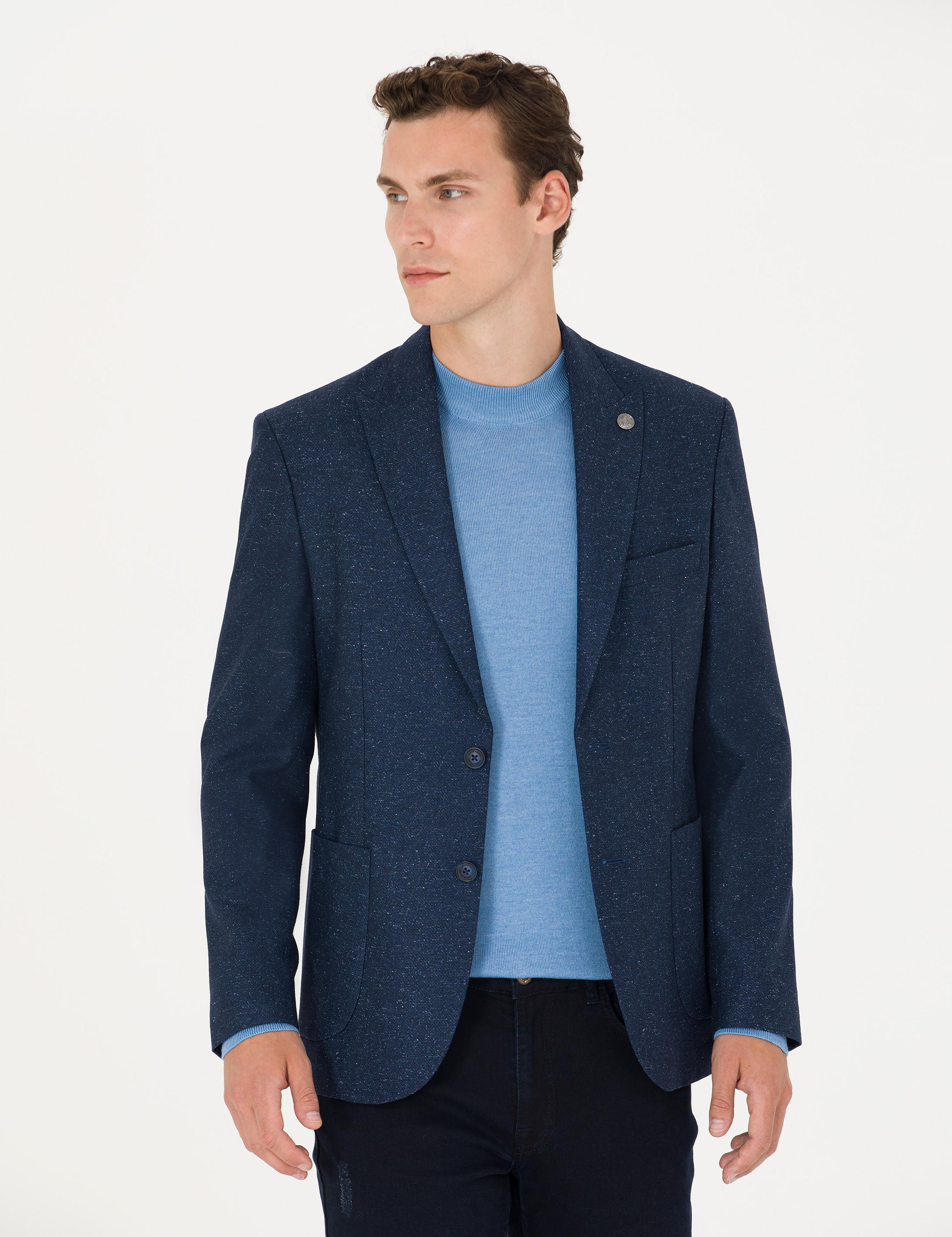 Açık Lacivert Yün Karışımlı Slim Fit Ceket