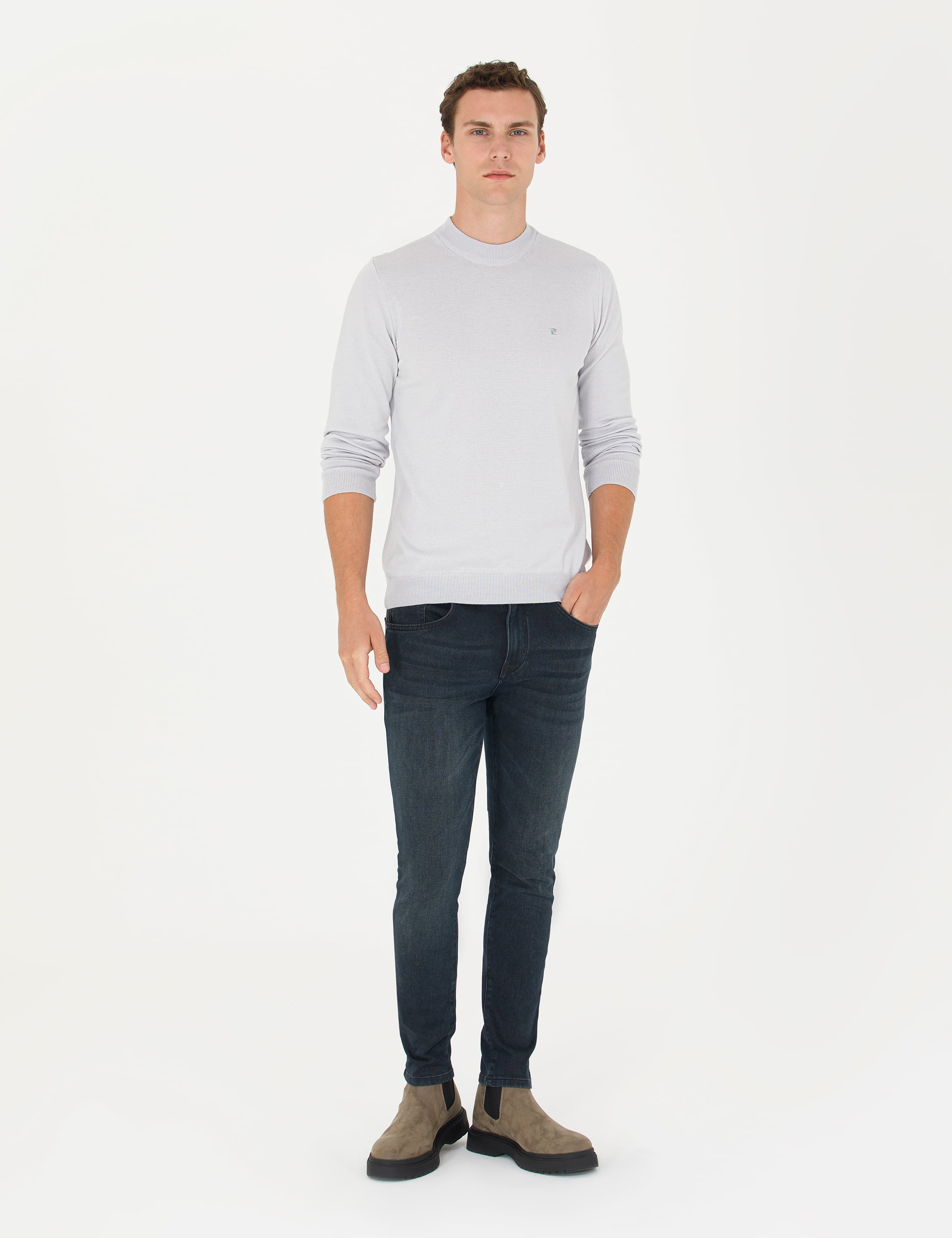 Krem Melanj Slim Fit Yarım Balıkçı Yaka Basic Triko Kazak