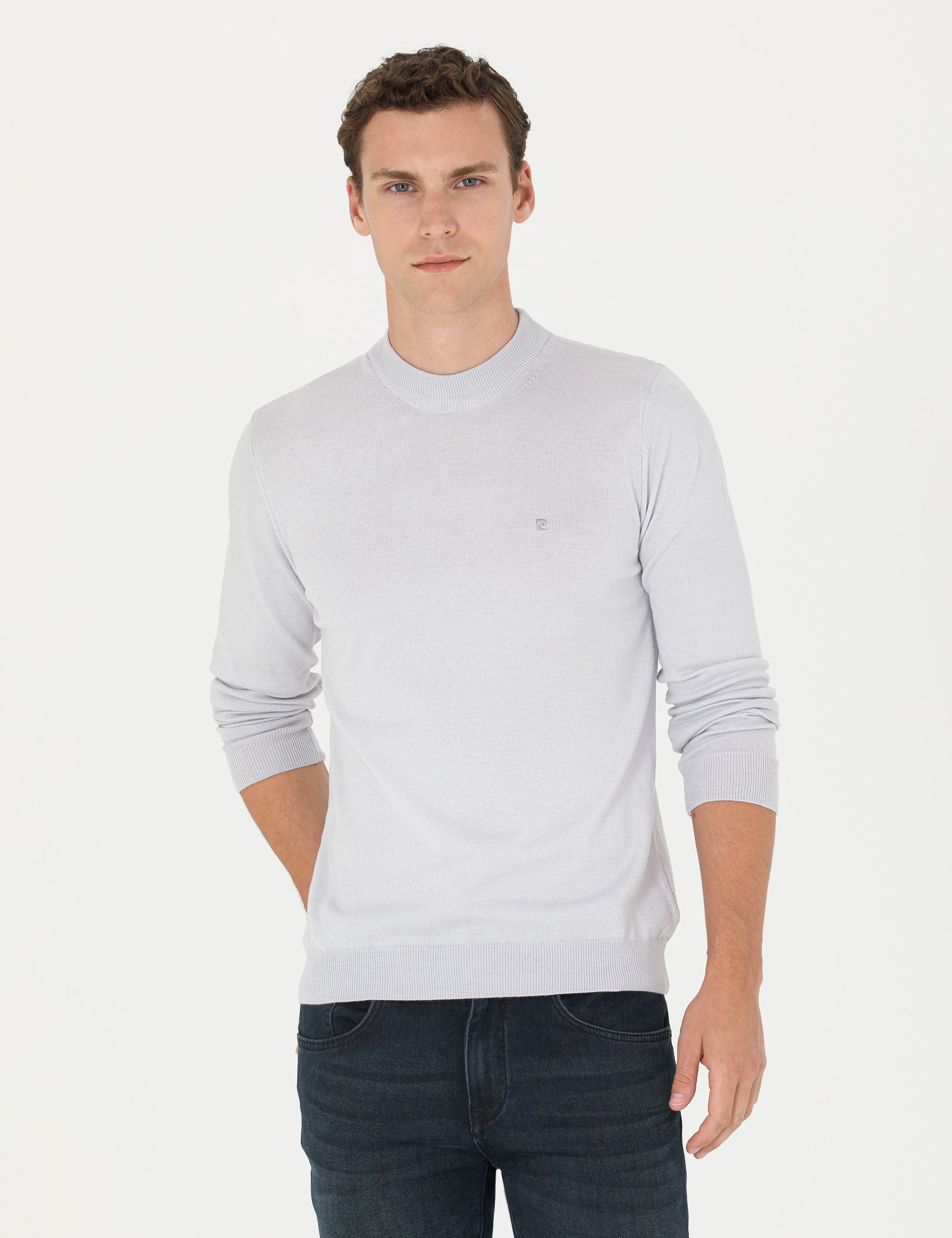 Krem Melanj Slim Fit Yarım Balıkçı Yaka Basic Triko Kazak