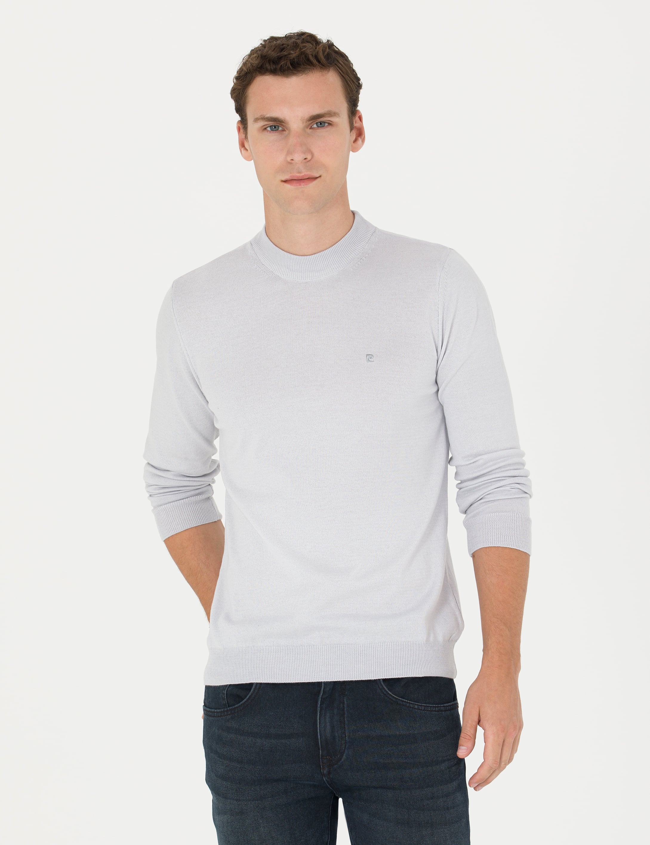 Krem Melanj Slim Fit Yarım Balıkçı Yaka Basic Triko Kazak
