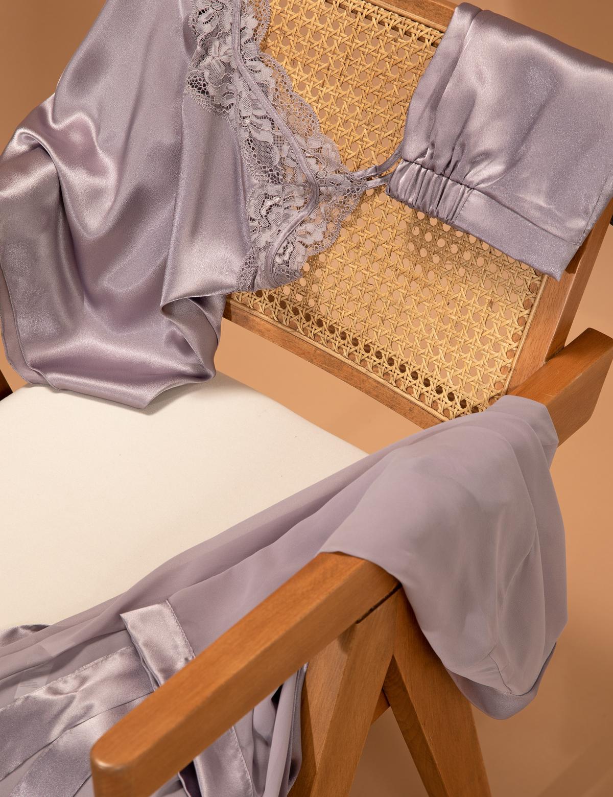 Gri 3'lü Saten Şort Takım