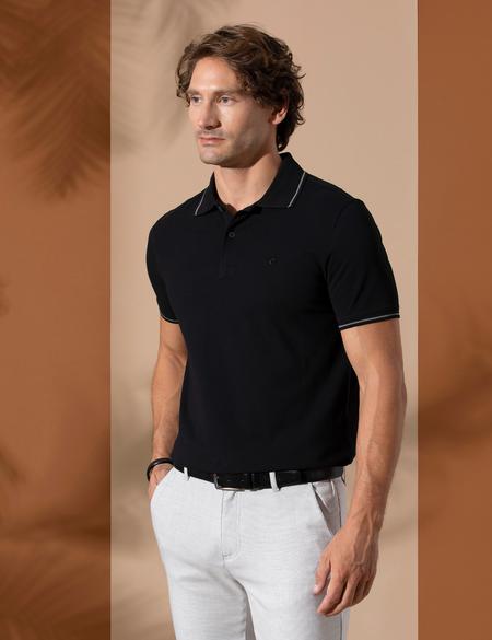 Siyah Slim Fit Polo Yaka Basic Tişört - 50252448014