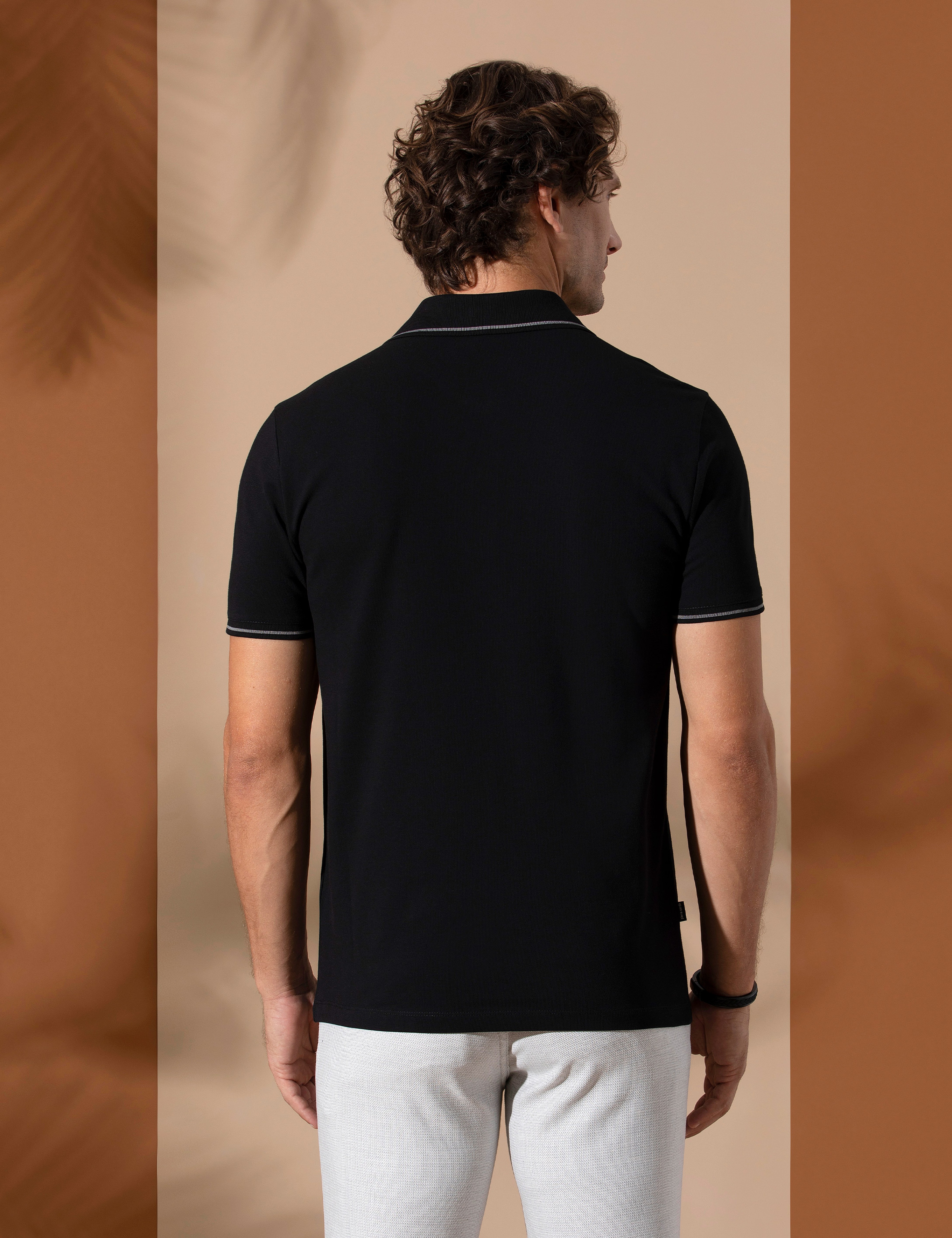 Siyah Slim Fit %100 Pamuk Polo Yaka Basic Tişört - Image 5