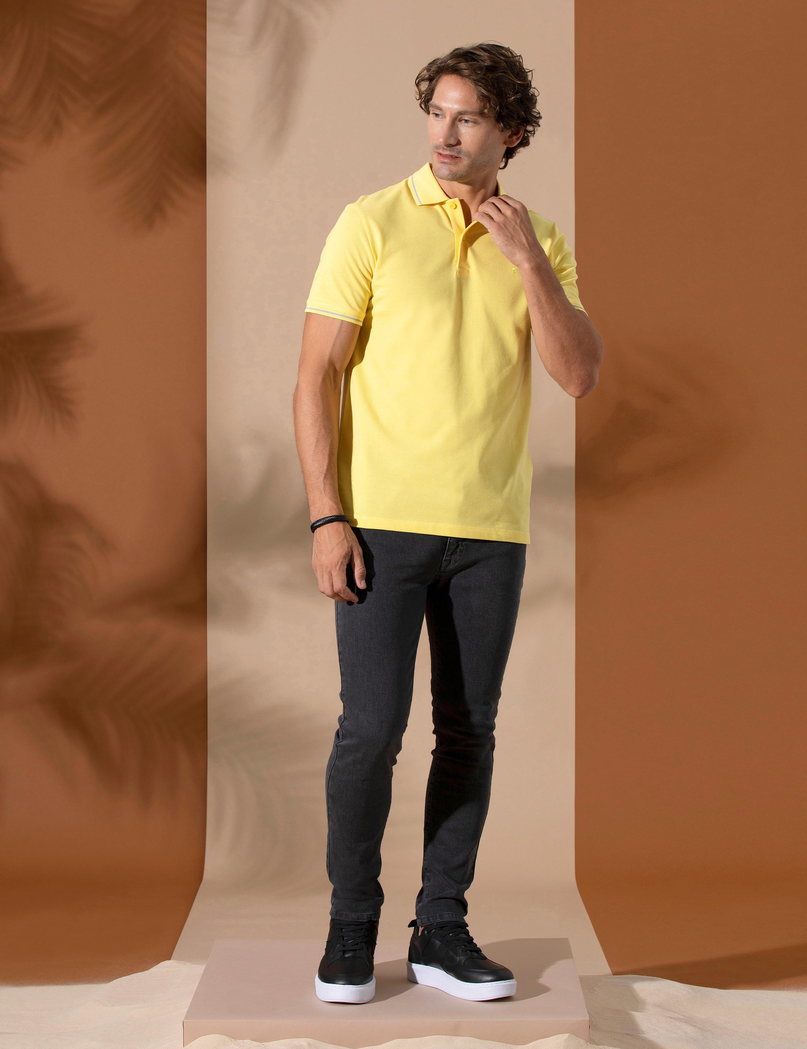 Sarı Slim Fit Polo Yaka Basic Tişört