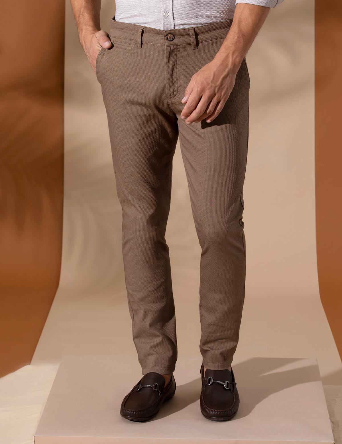 Kahverengi Armürlü Slim Fit Chino Pantolon - 50271283203