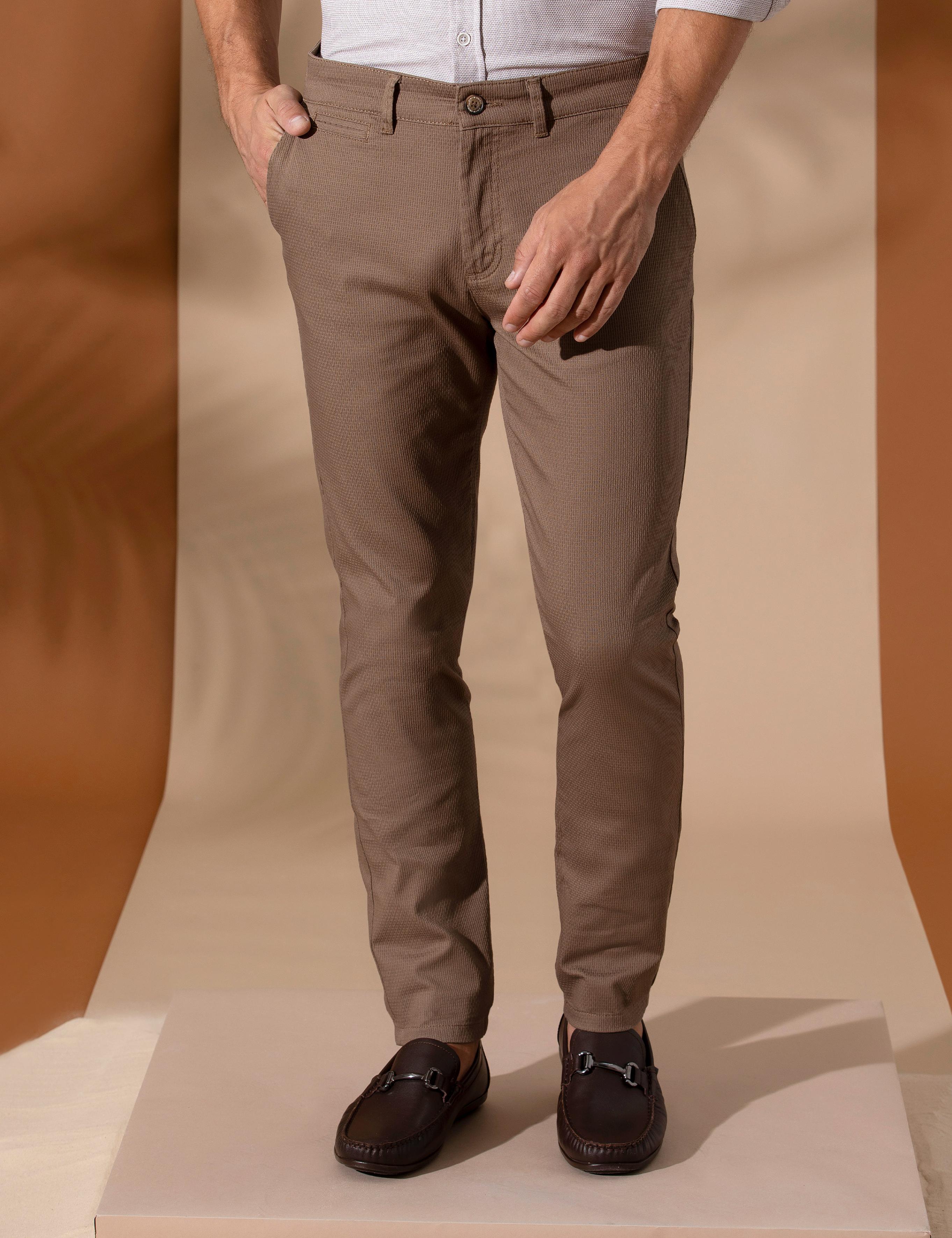 Kahverengi Armürlü Slim Fit Chino Pantolon