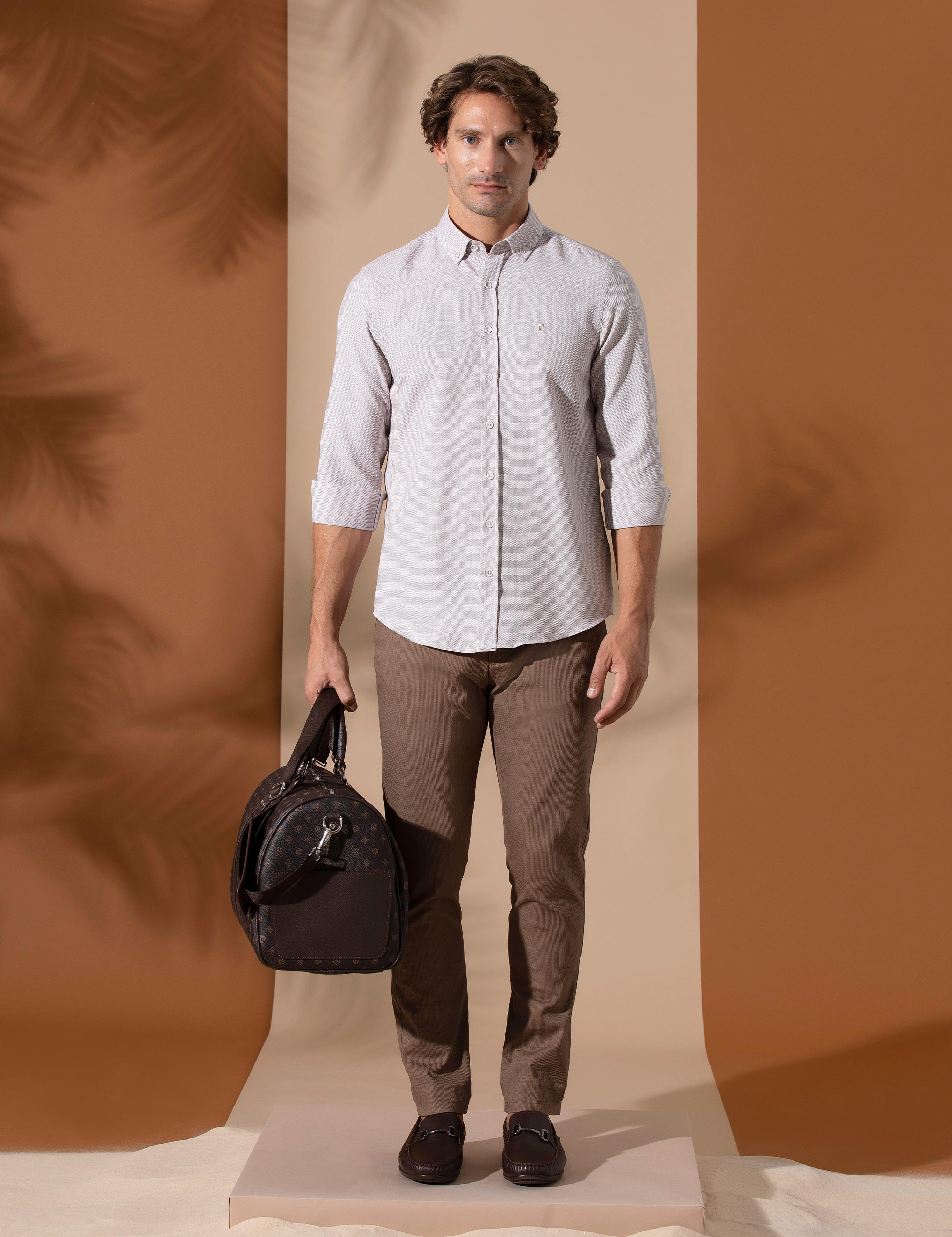 Kahverengi Armürlü Slim Fit Chino Pantolon