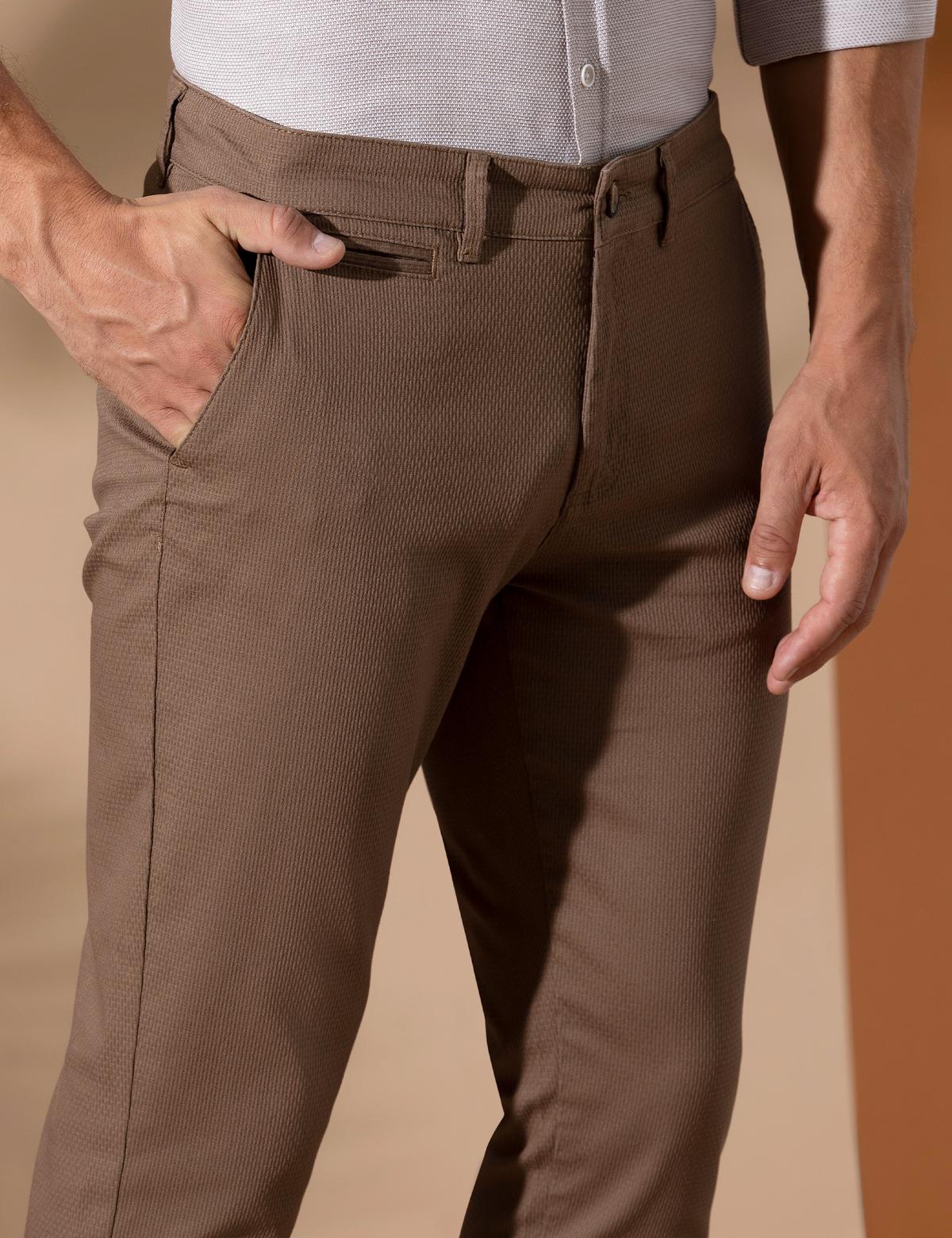 Kahverengi Armürlü Slim Fit Chino Pantolon - 50271283203