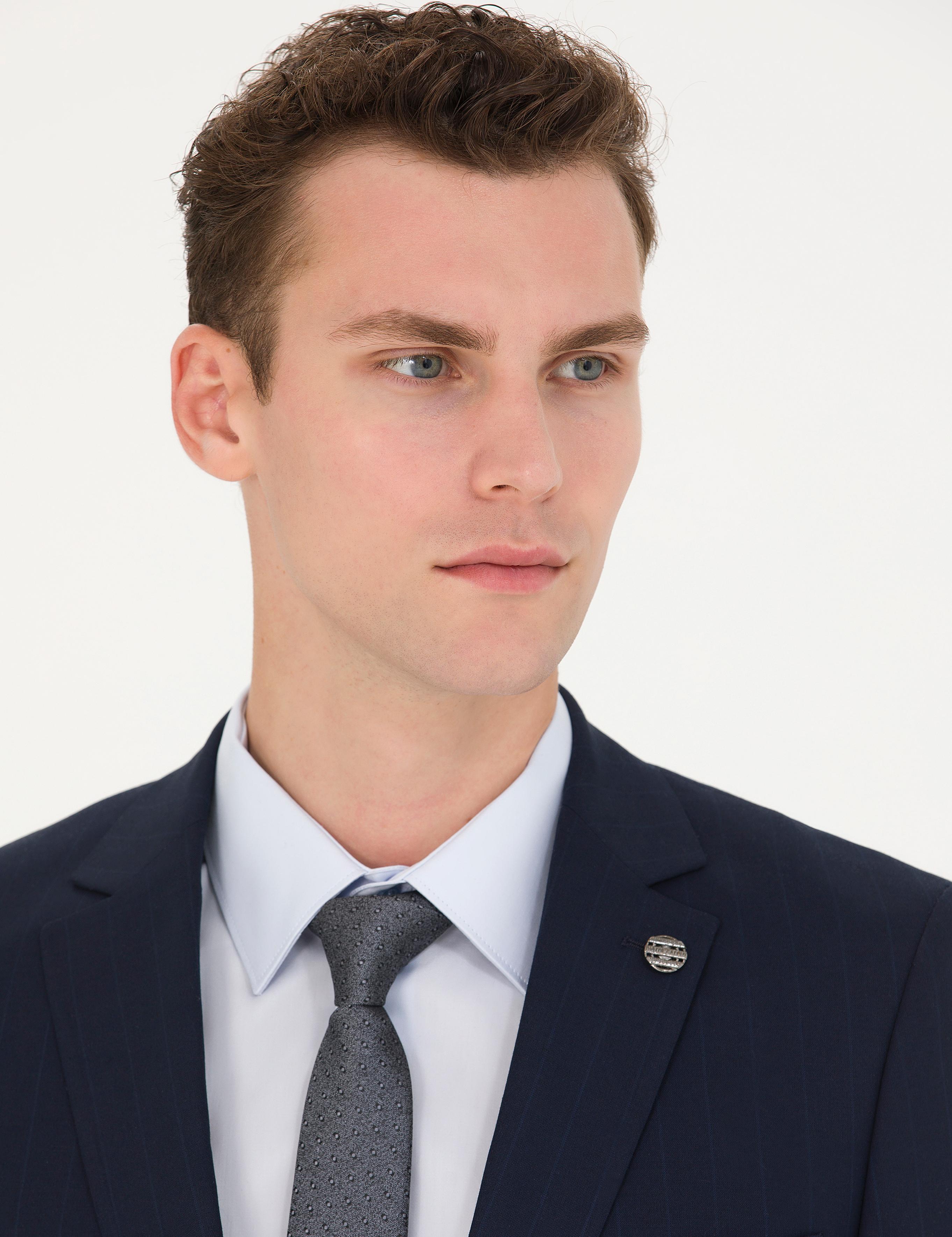 Lacivert Slim Fit Çizgili Takım Elbise