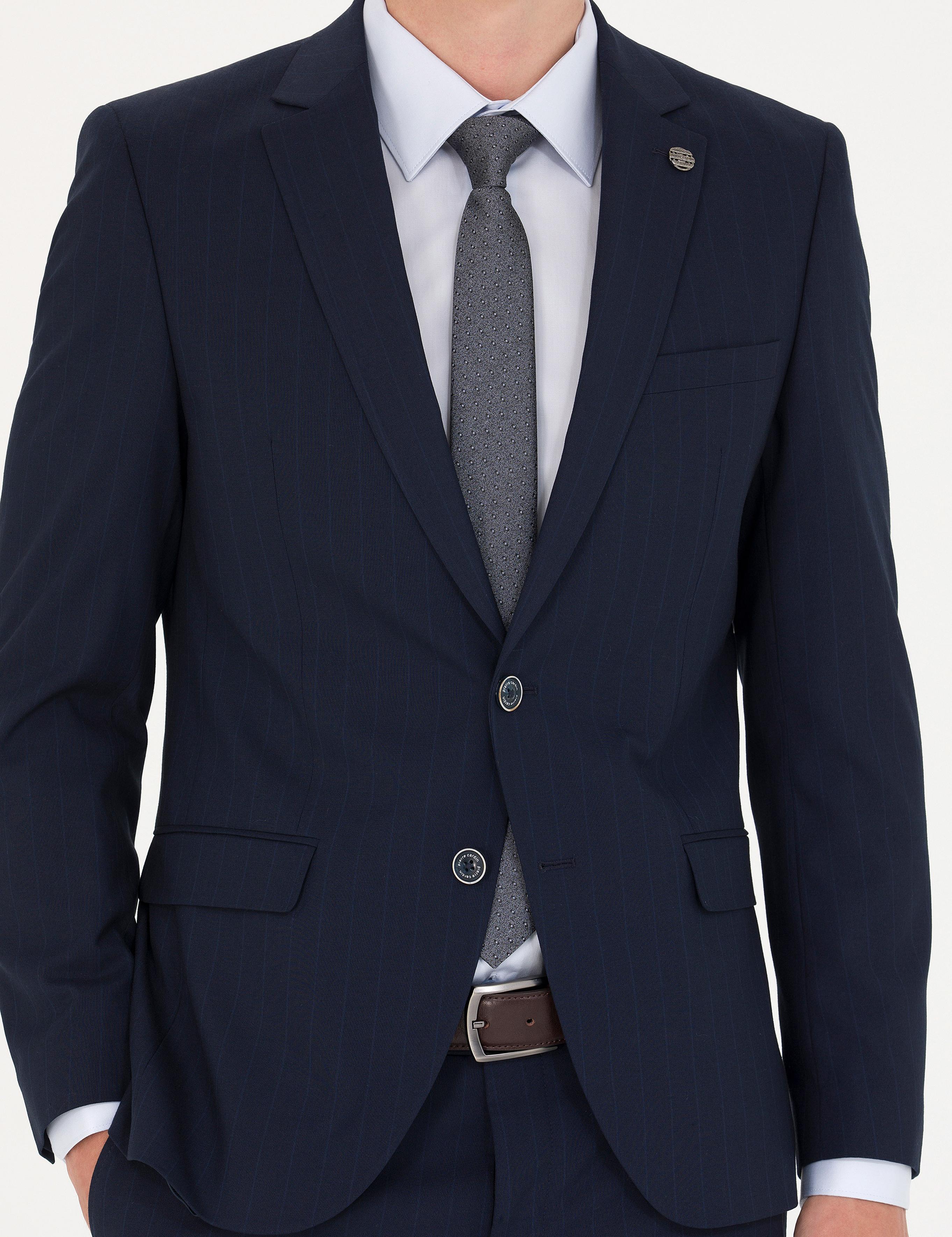 Lacivert Slim Fit Çizgili Takım Elbise