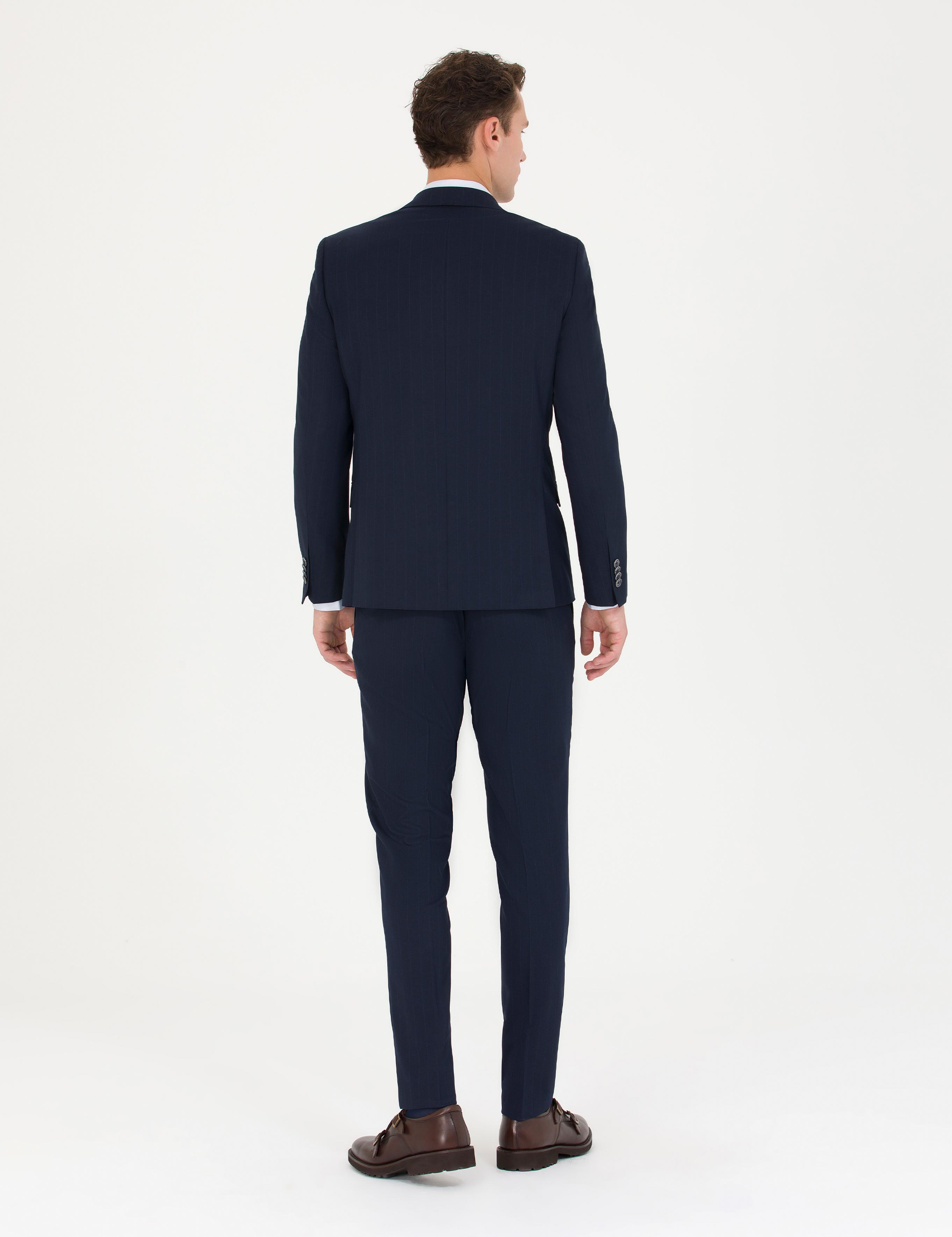 Lacivert Slim Fit Çizgili Takım Elbise