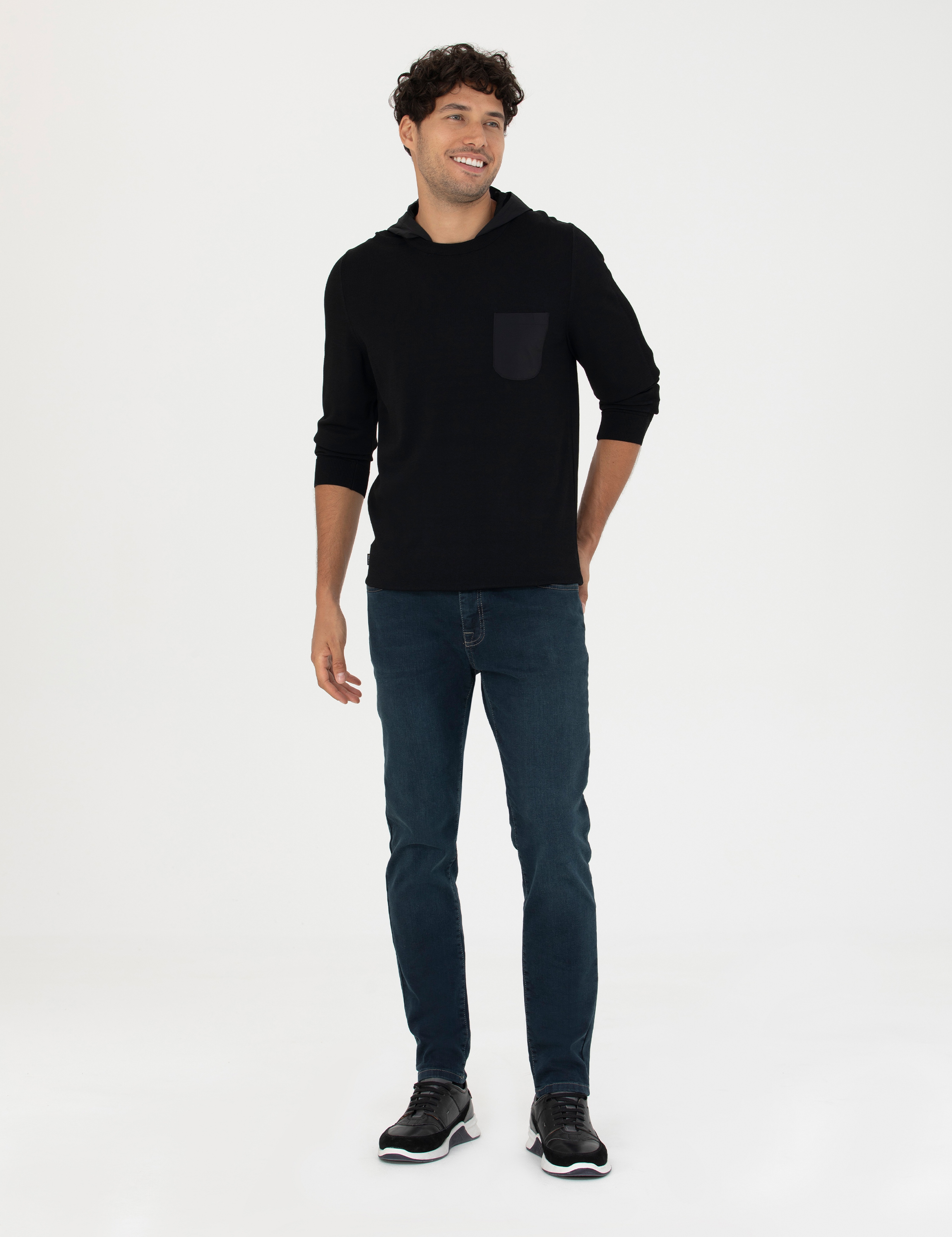 Siyah Slim Fit Kapüşonlu Triko Kazak