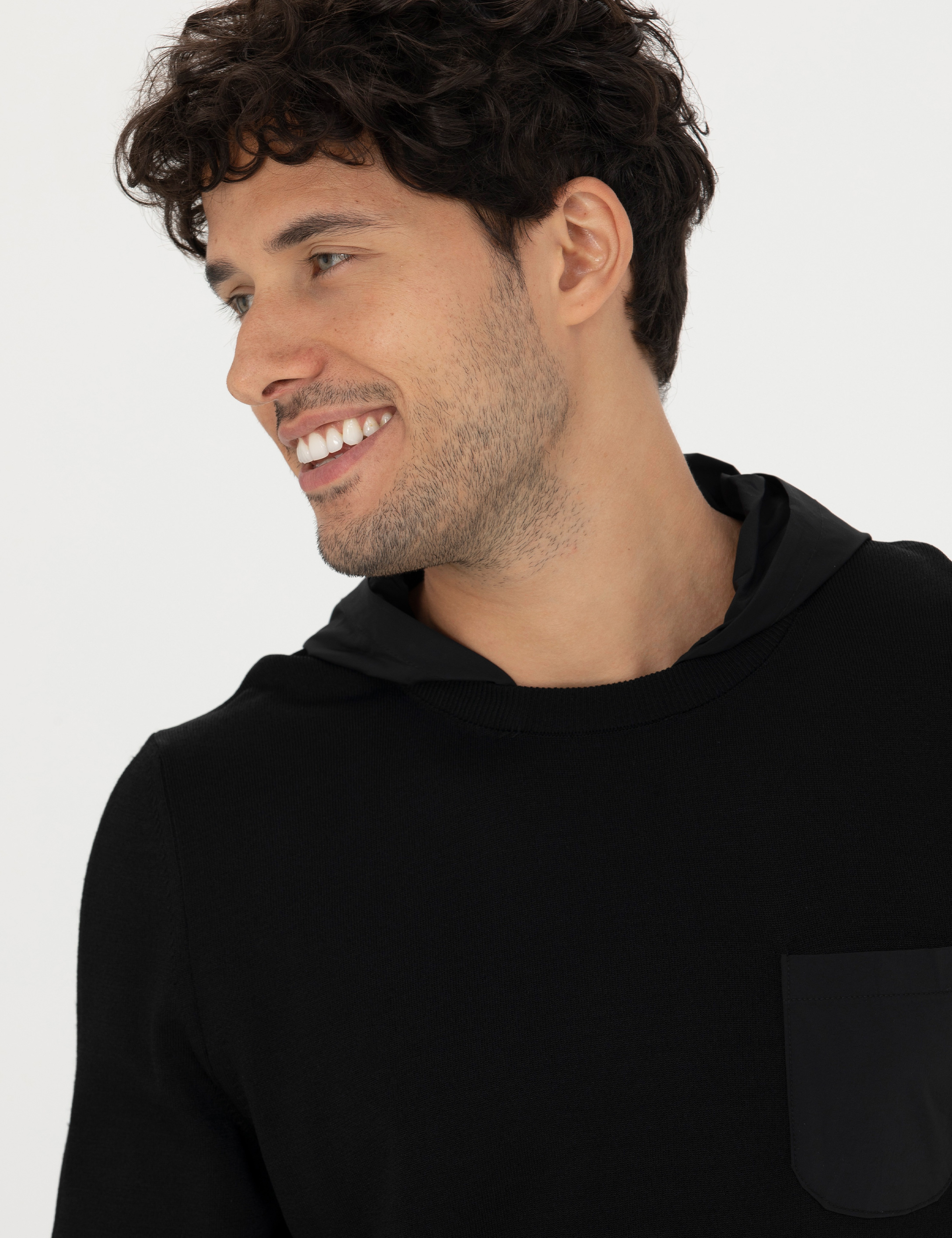 Siyah Slim Fit Kapüşonlu Triko Kazak