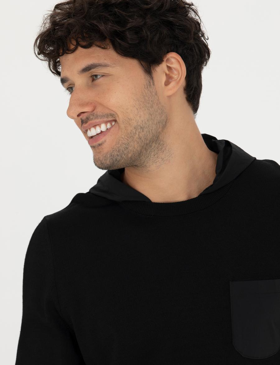 Siyah Slim Fit Kapüşonlu Triko Kazak