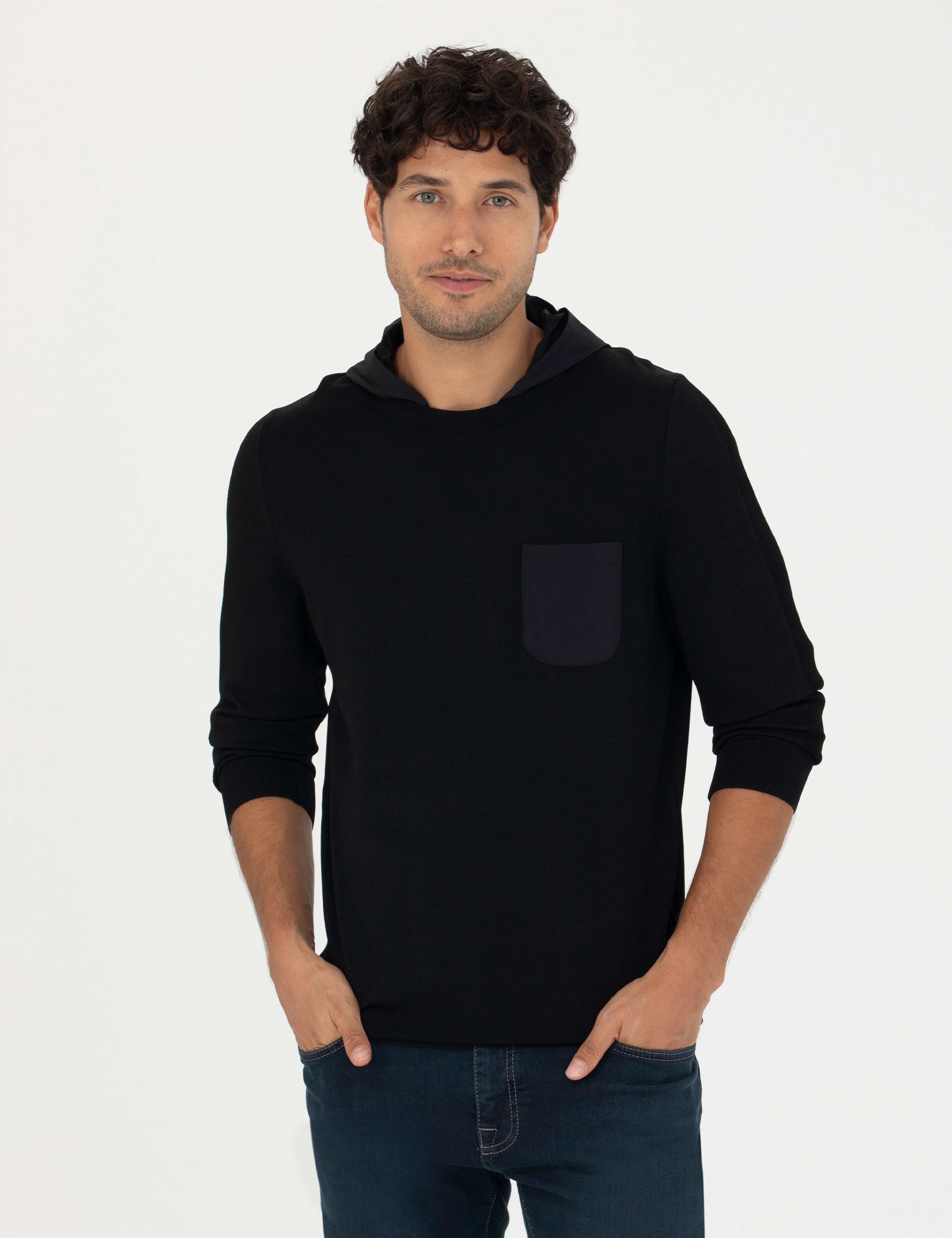 Siyah Slim Fit Kapüşonlu Triko Kazak - Image 3