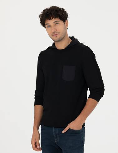 Siyah Slim Fit Kapüşonlu Triko Kazak