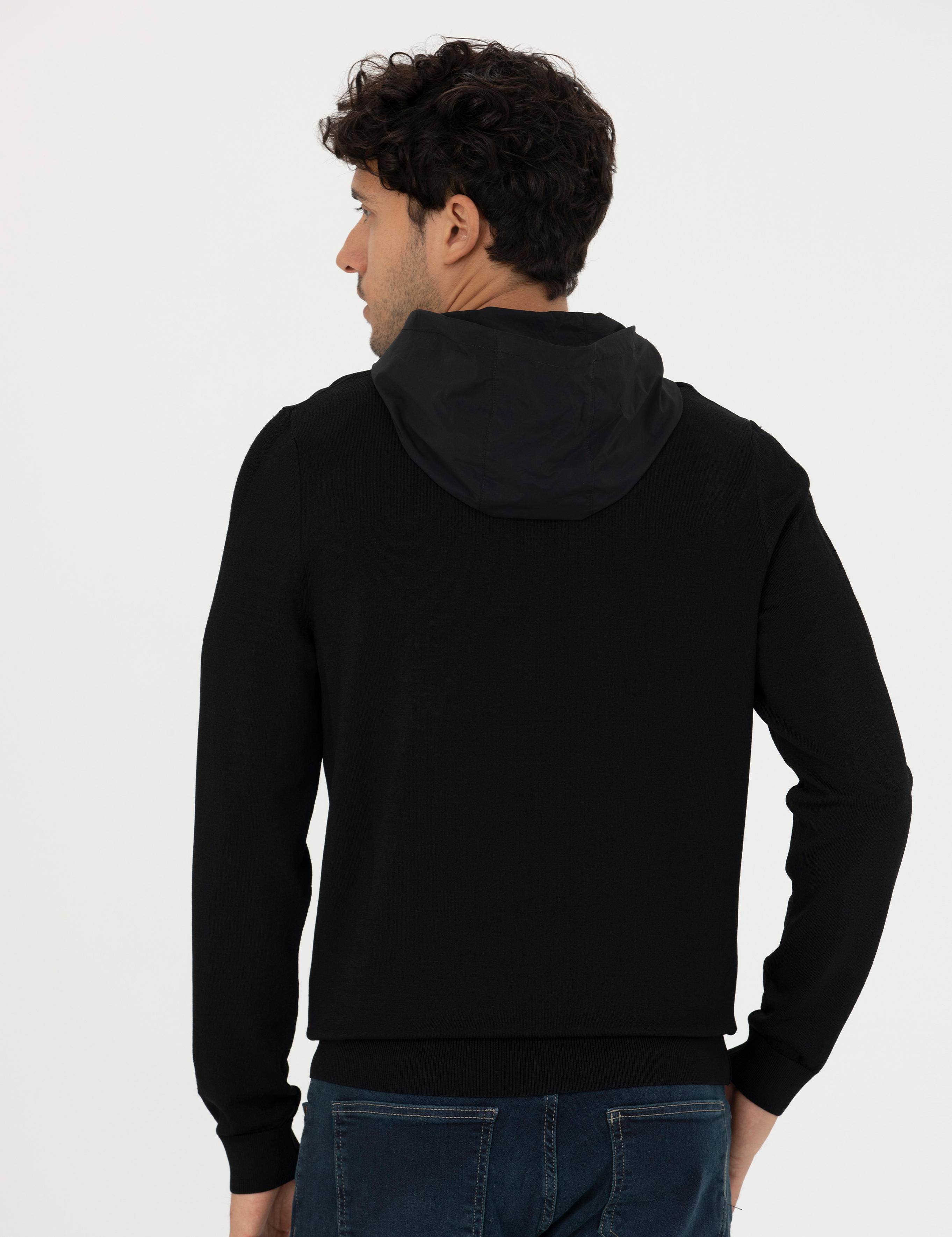 Siyah Slim Fit Kapüşonlu Triko Kazak