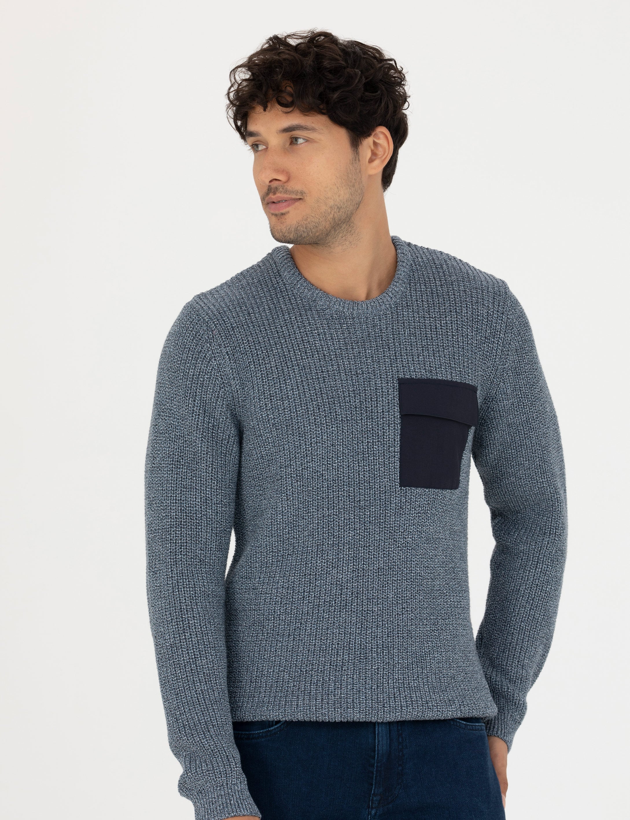Lacivert Slim Fit Bisiklet Yaka Triko Kazak