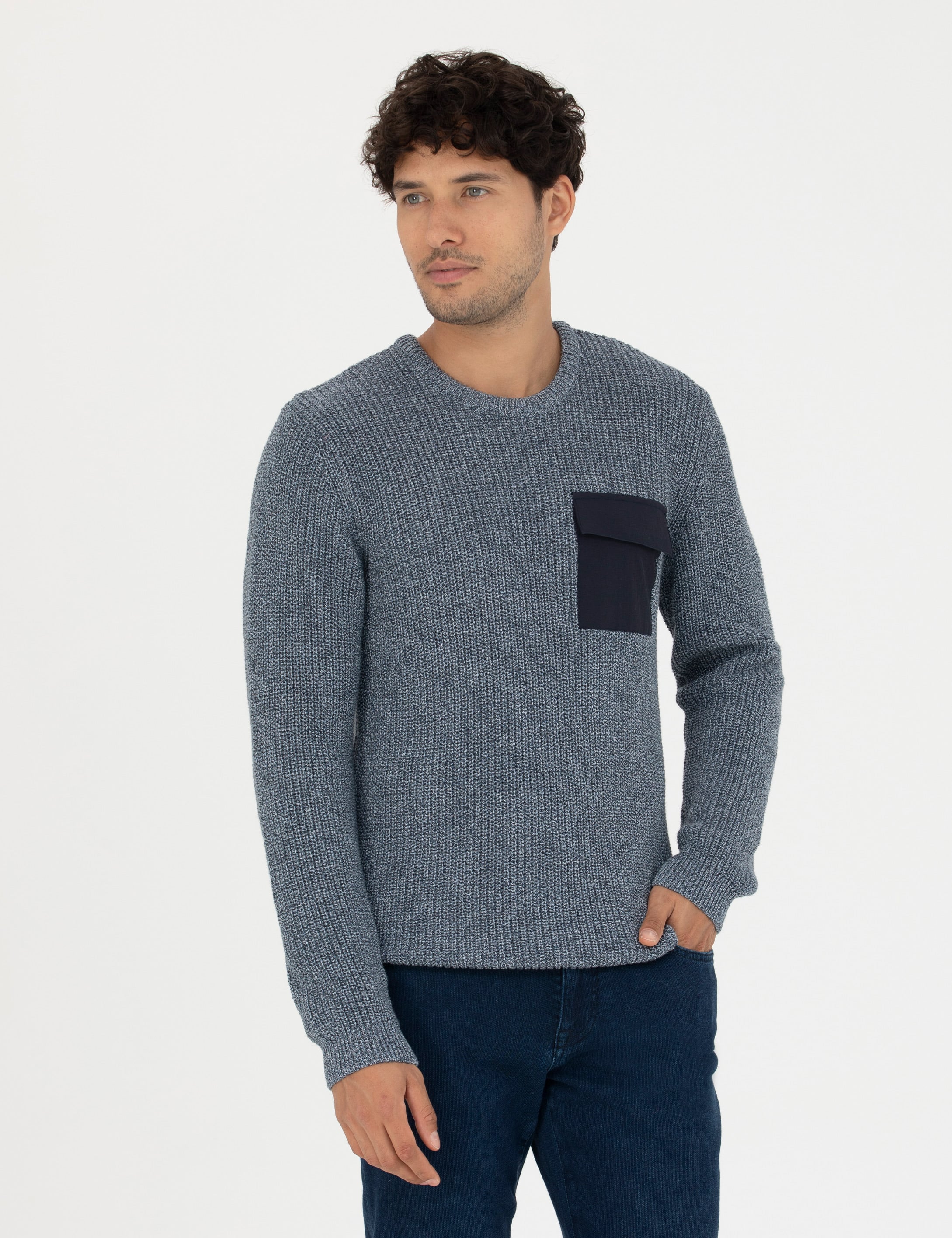 Lacivert Slim Fit Bisiklet Yaka Triko Kazak