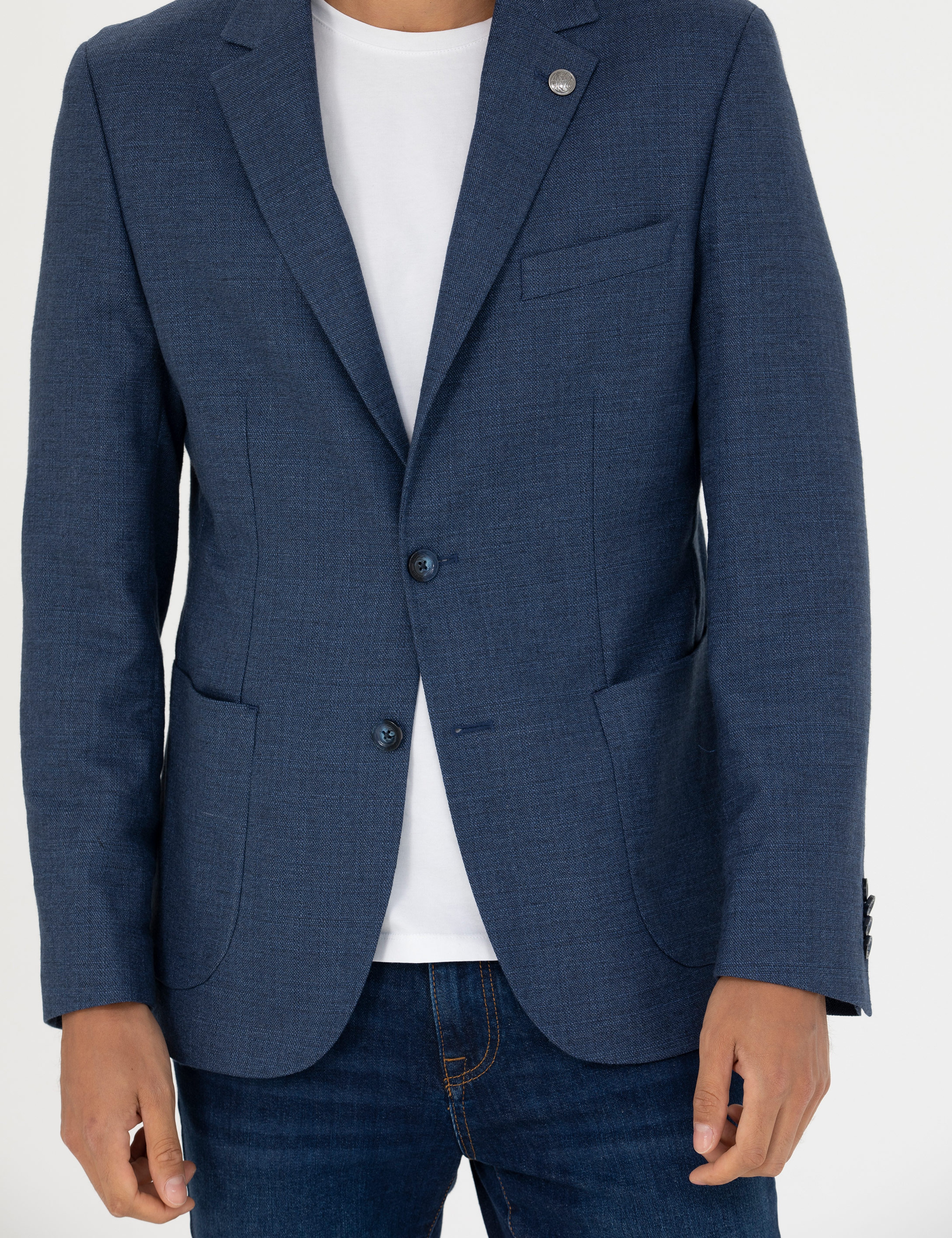 Açık Lacivert Slim Fit Keten Karışımlı Blazer Ceket