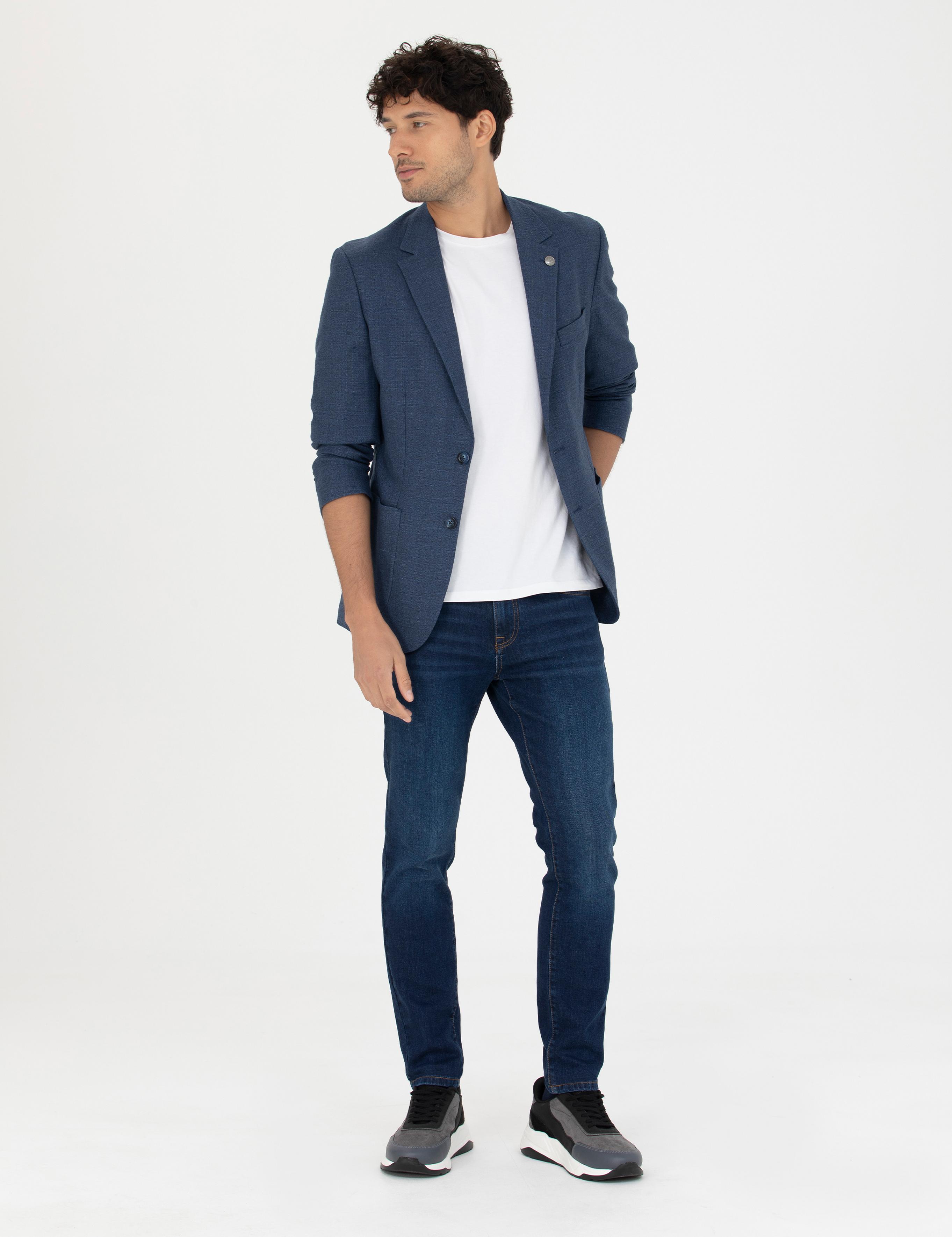 Açık Lacivert Slim Fit Keten Karışımlı Blazer Ceket